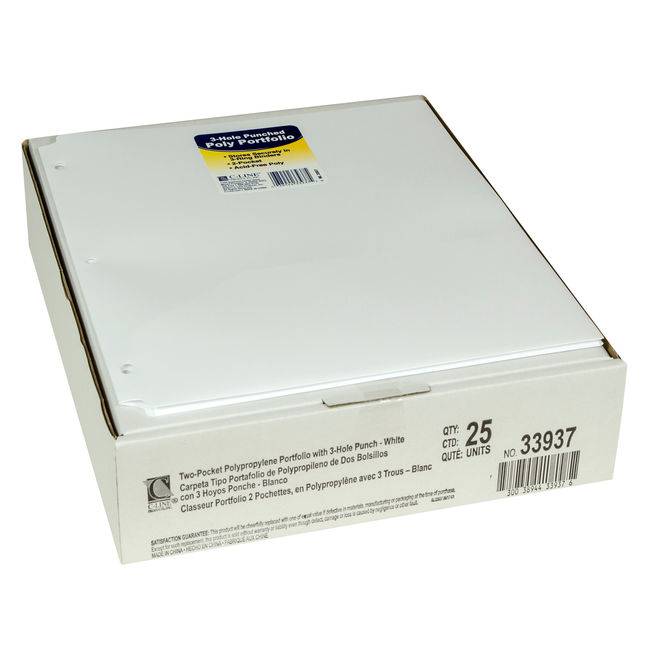 C-Line® Two-Pocket Poly Portfolio with Three-Hole Punch, White