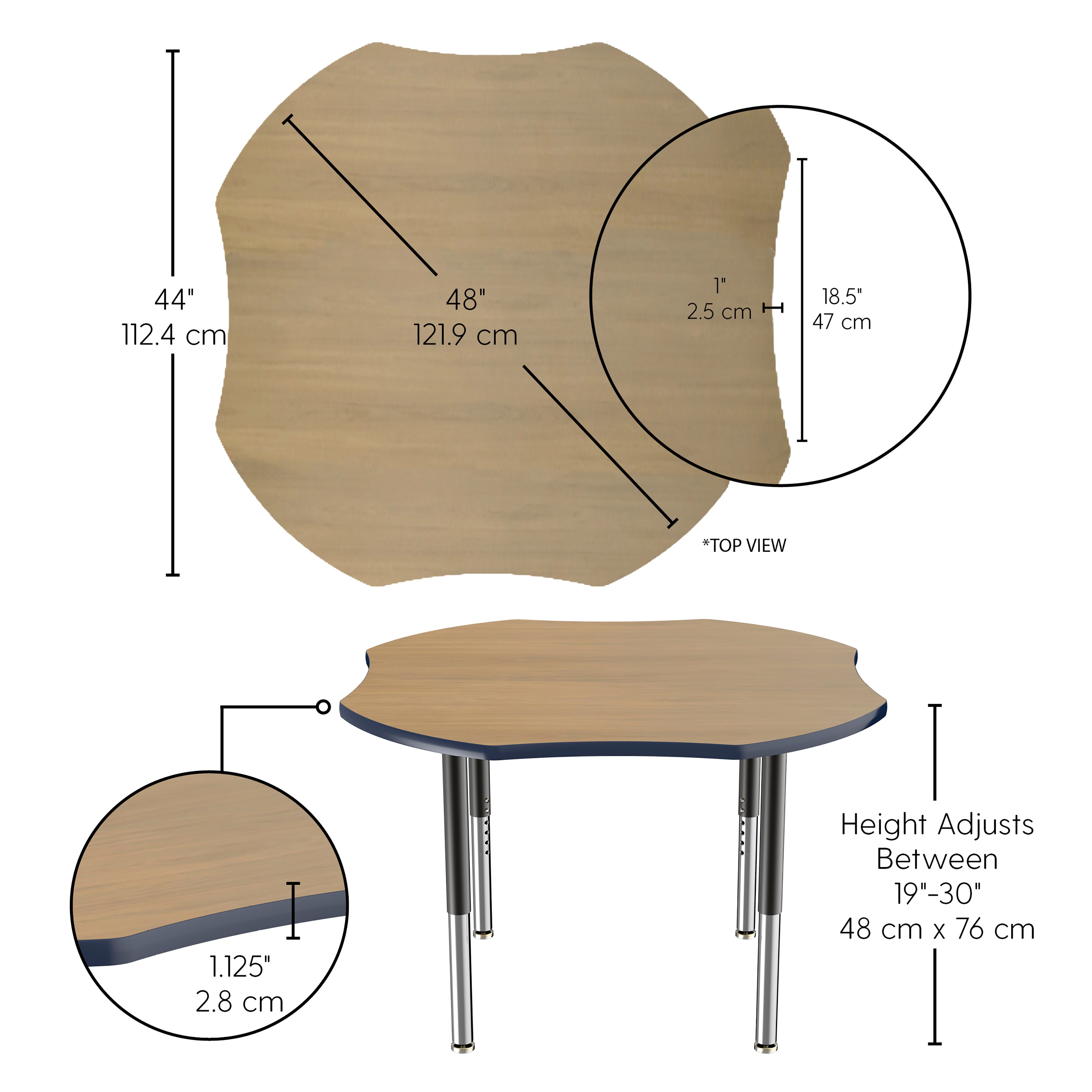 48" x 48" Clover T-Molding Activity Table with Adjustable Super Legs - Pasadena Oak/Navy/Black