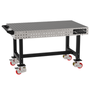 Welding Fixture Table, Fixed Height, 36"H x 60"L x 36"D, 1/4" Carbon Steel Top, Four Black Powdercoat Legs, Handle, 4 Heavy Duty Suspension Casters (2 Locking/Swiveling Casters and 2 Non-Locking/Non-SwivelingCasters)