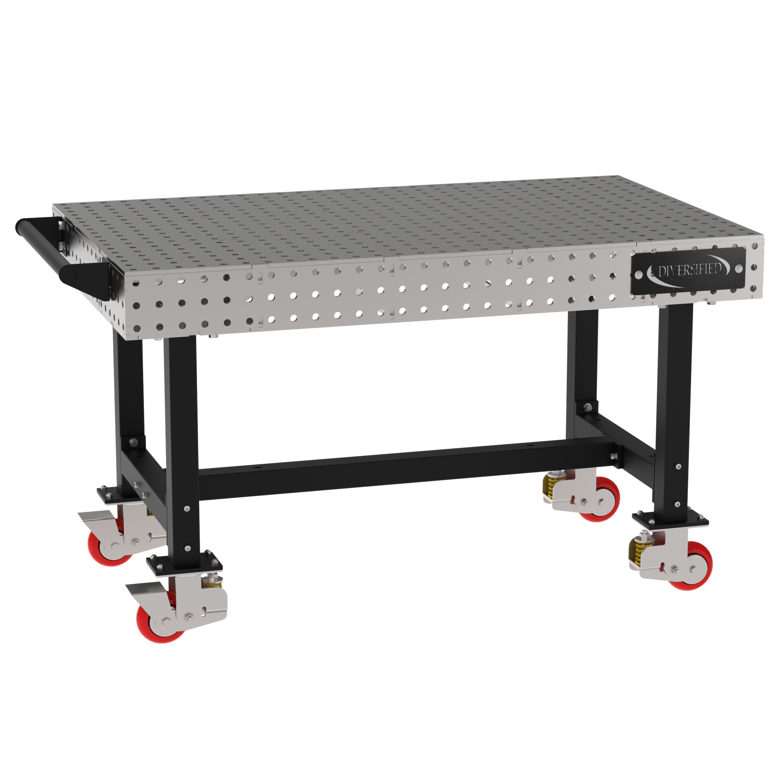 Welding Fixture Table, Fixed Height, 36"H x 60"L x 36"D, 1/4" Carbon Steel Top, Four Black Powdercoat Legs, Handle, 4 Heavy Duty Suspension Casters (2 Locking/Swiveling Casters and 2 Non-Locking/Non-SwivelingCasters)