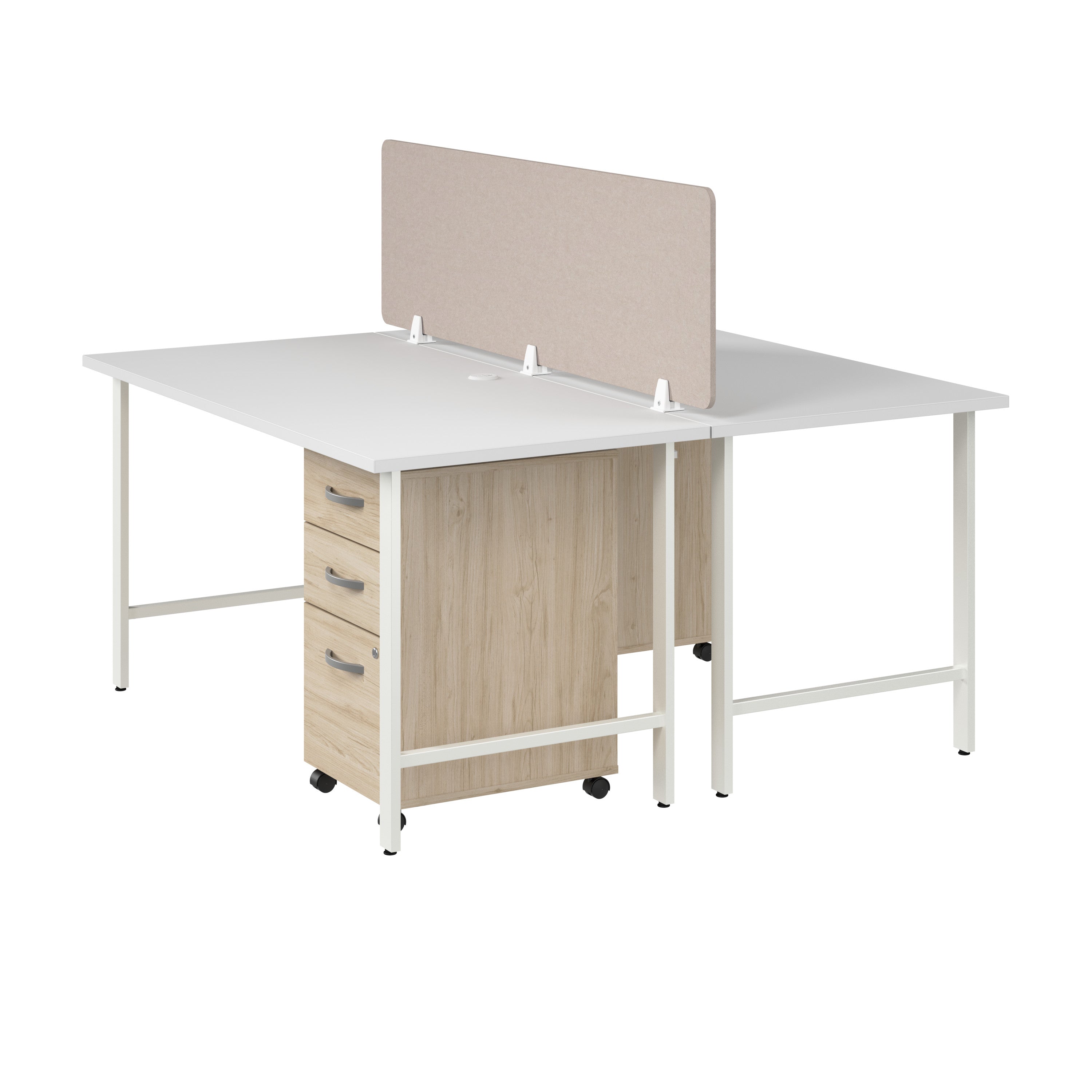 Bush Business Furniture Hustle 2 Person Computer Desk with Mobile File Cabinets, Power Grommets, and Privacy Screen in White and Natural Elm - 59.44" Width x 29.37" Depth x 30.07" Height