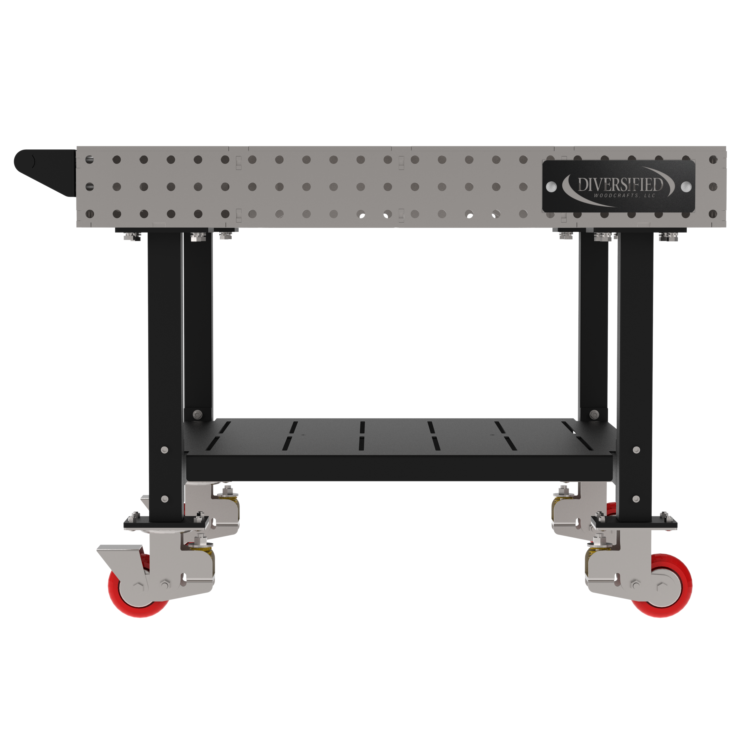 Welding Fixture Table, Fixed Height, 36"H x 48"L x 48"D, 1/4" Carbon Steel Top, Four Black Powdercoat Legs, Shelf, Handle, 4 Heavy Duty Suspension Casters (2 Locking/Swiveling Casters and 2 Non-Locking/Non-SwivelingCasters)