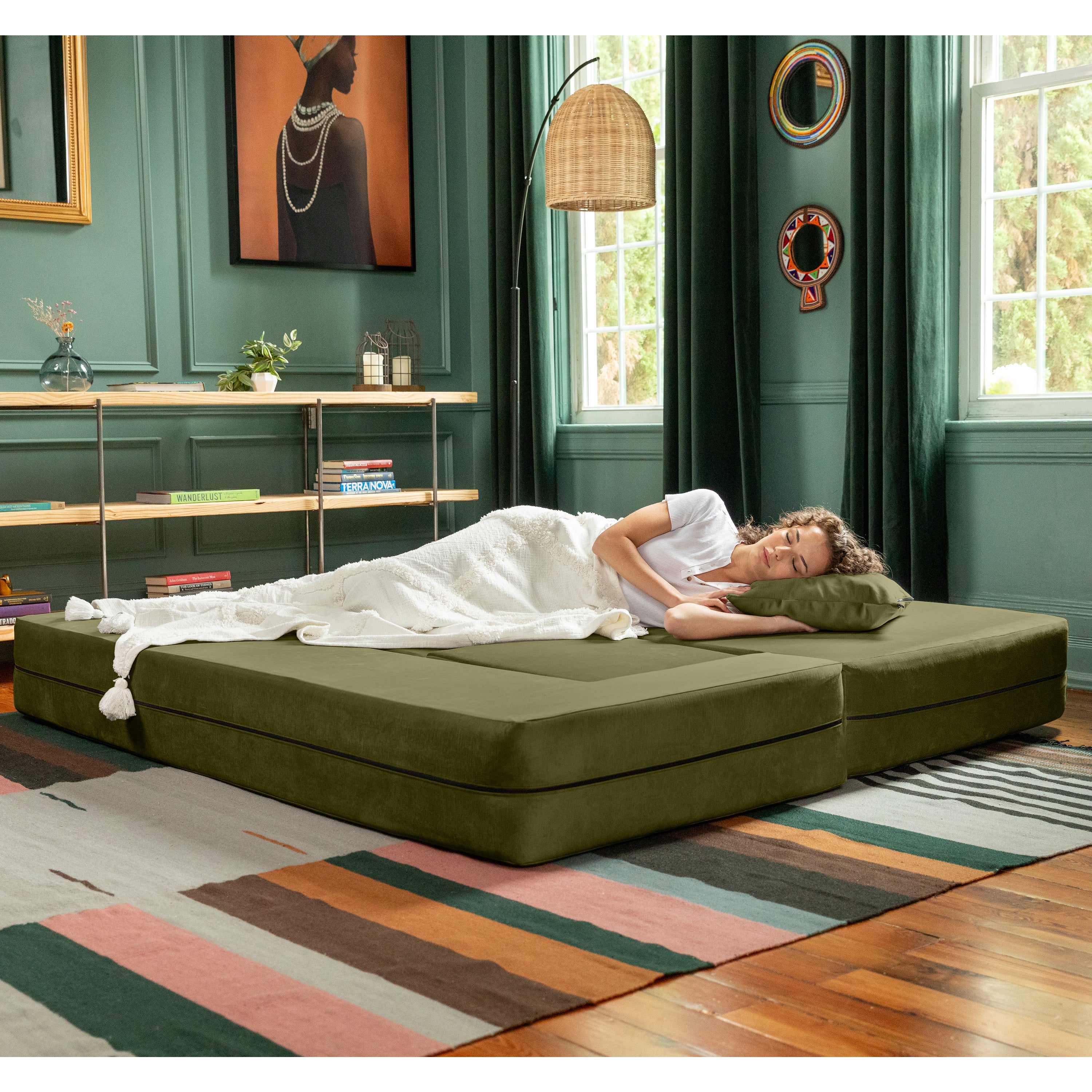 Jaxx Zipline Convertible Sleeper Sofa & Three Ottomans/California King-Size Bed, Moss