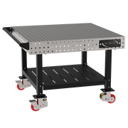 Welding Fixture Table, Fixed Height, 36"H x 48"L x 48"D, 1/4" Carbon Steel Top, Four Black Powdercoat Legs, Shelf, Handle, 4 Heavy Duty Suspension Casters (2 Locking/Swiveling Casters and 2 Non-Locking/Non-SwivelingCasters)