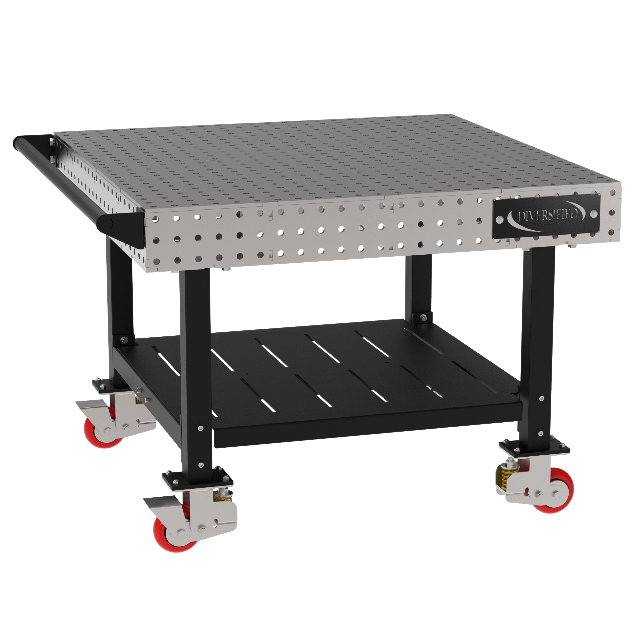 Welding Fixture Table, Fixed Height, 36"H x 48"L x 48"D, 1/4" Carbon Steel Top, Four Black Powdercoat Legs, Shelf, Handle, 4 Heavy Duty Suspension Casters (2 Locking/Swiveling Casters and 2 Non-Locking/Non-SwivelingCasters)