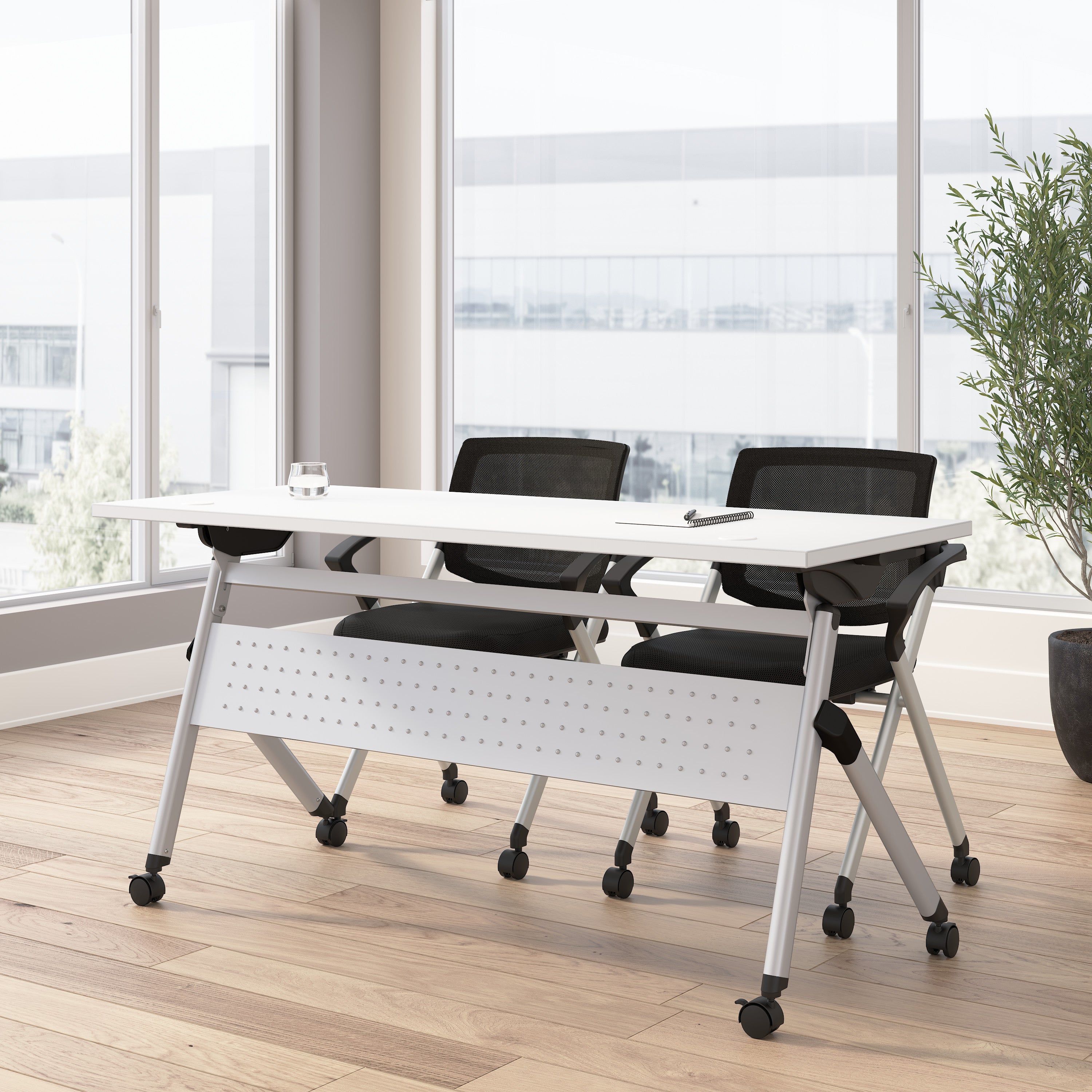 Bush Business Furniture Envision 60W Folding Training Table and 2 Folding Chairs with Arms in White - 59.45" Width x 23.54" Depth x 32.87" Height