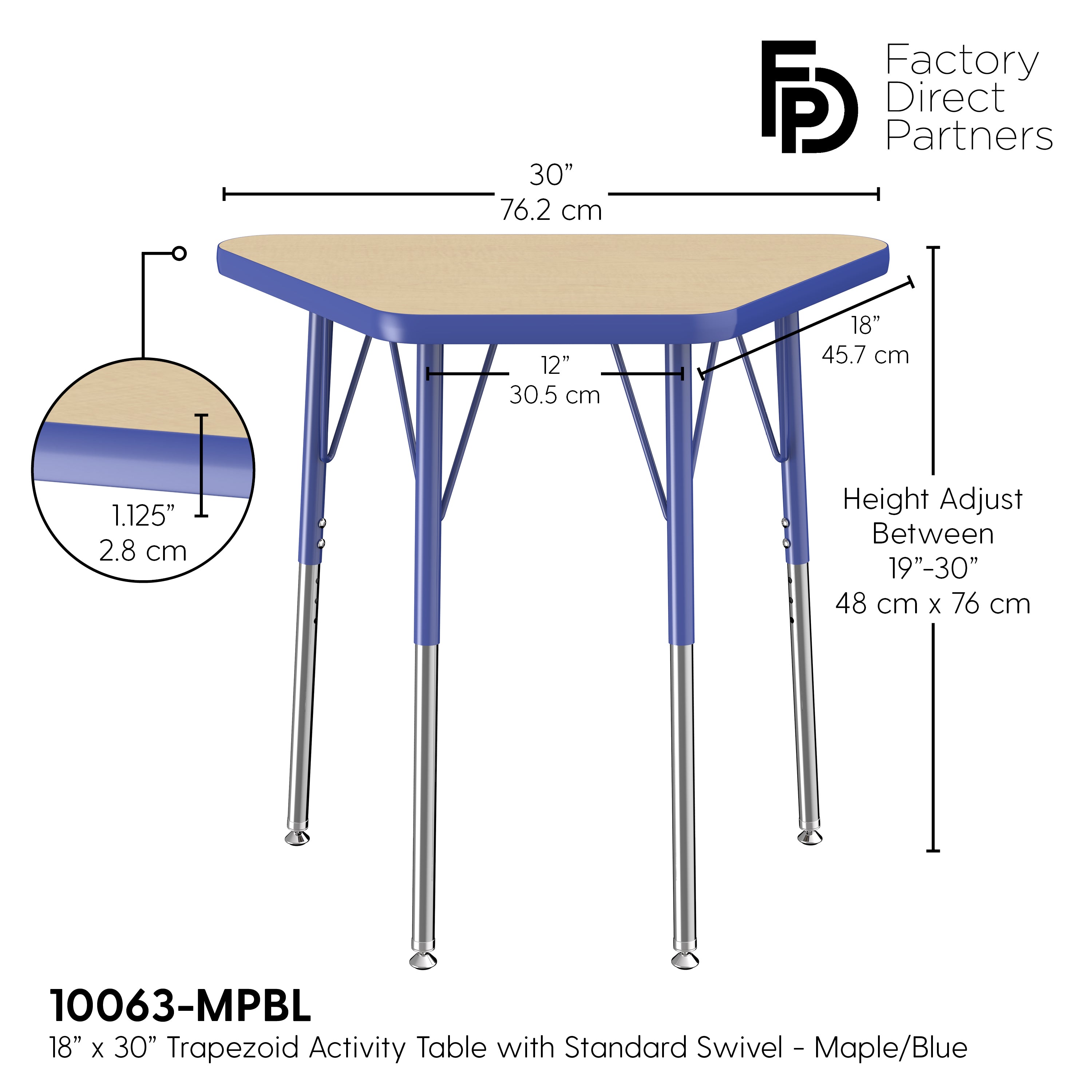 18" x 30" Trapezoid T-Molding Activity Table with Adjustable Standard Swivel Glide Legs - Maple/Blue