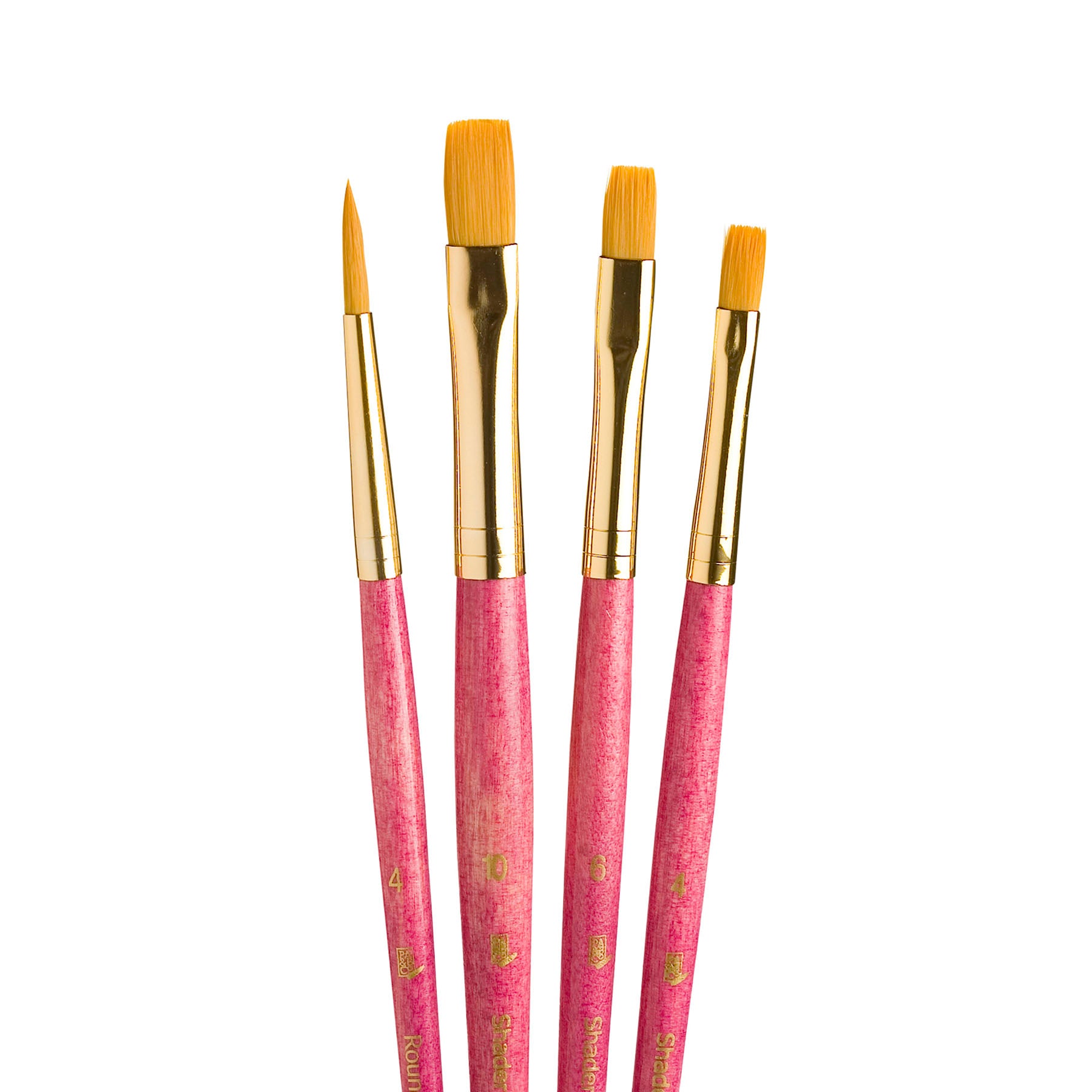RealValue Brush Set, Gold Taklon Bristles, Short Handle Mixed Media Paintbrush, Pink, 4 Pieces
