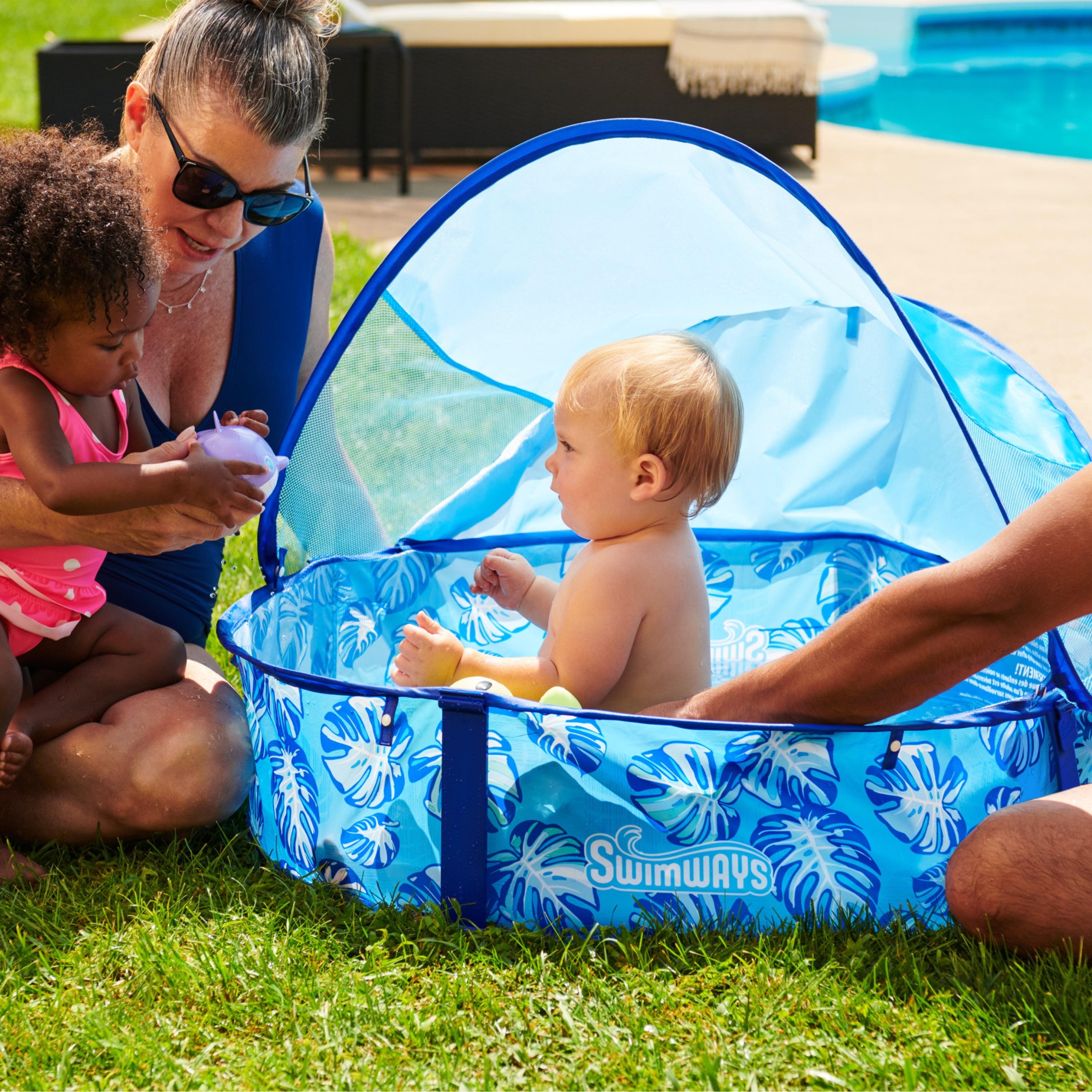 Swimways Elite Pop-Up Above Ground Pool, Baby Pool with Canopy & Carrying Case, Foldable Pool for Kids Aged 9-24 Months, Measures 32", Blue