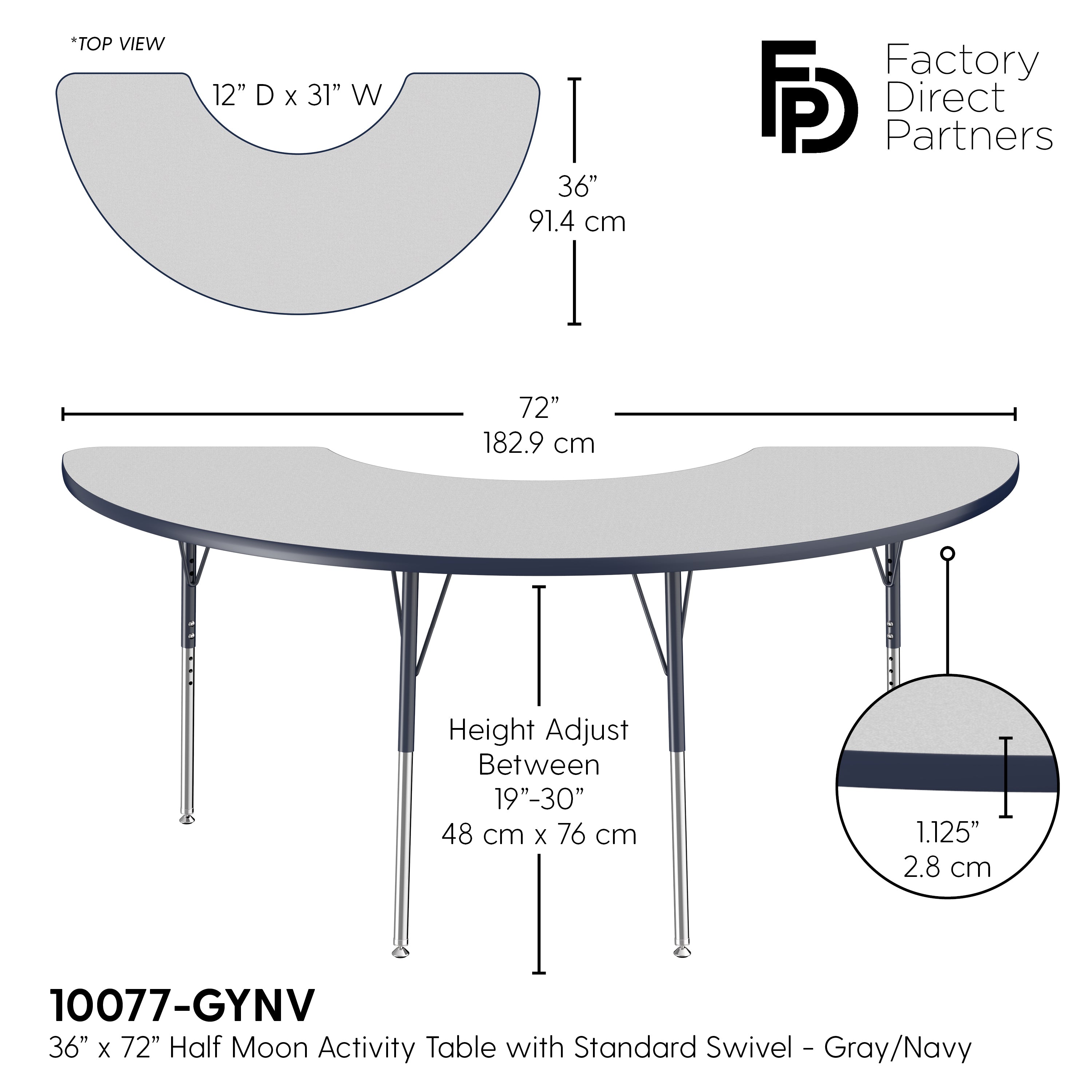 36" x 72" Half Moon T-Molding Activity Table with Adjustable Standard Swivel Glide Legs - Gray/Navy