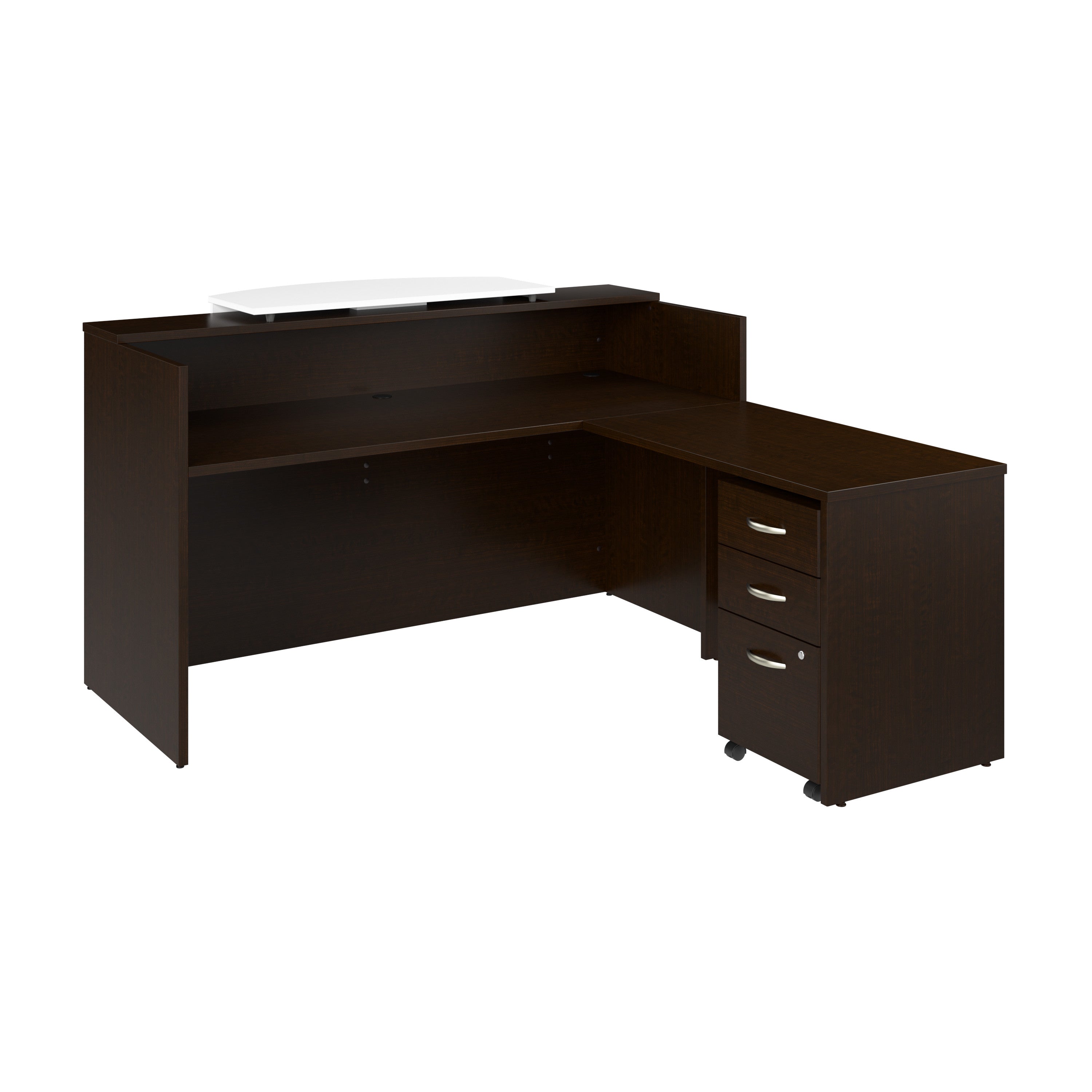 Bush Business Furniture Arrive 72W x 72D L Shaped Reception Desk with Counter and Mobile File Cabinet in Mocha Cherry - 71.02" Width x 71.14" Depth x 40.35" Height