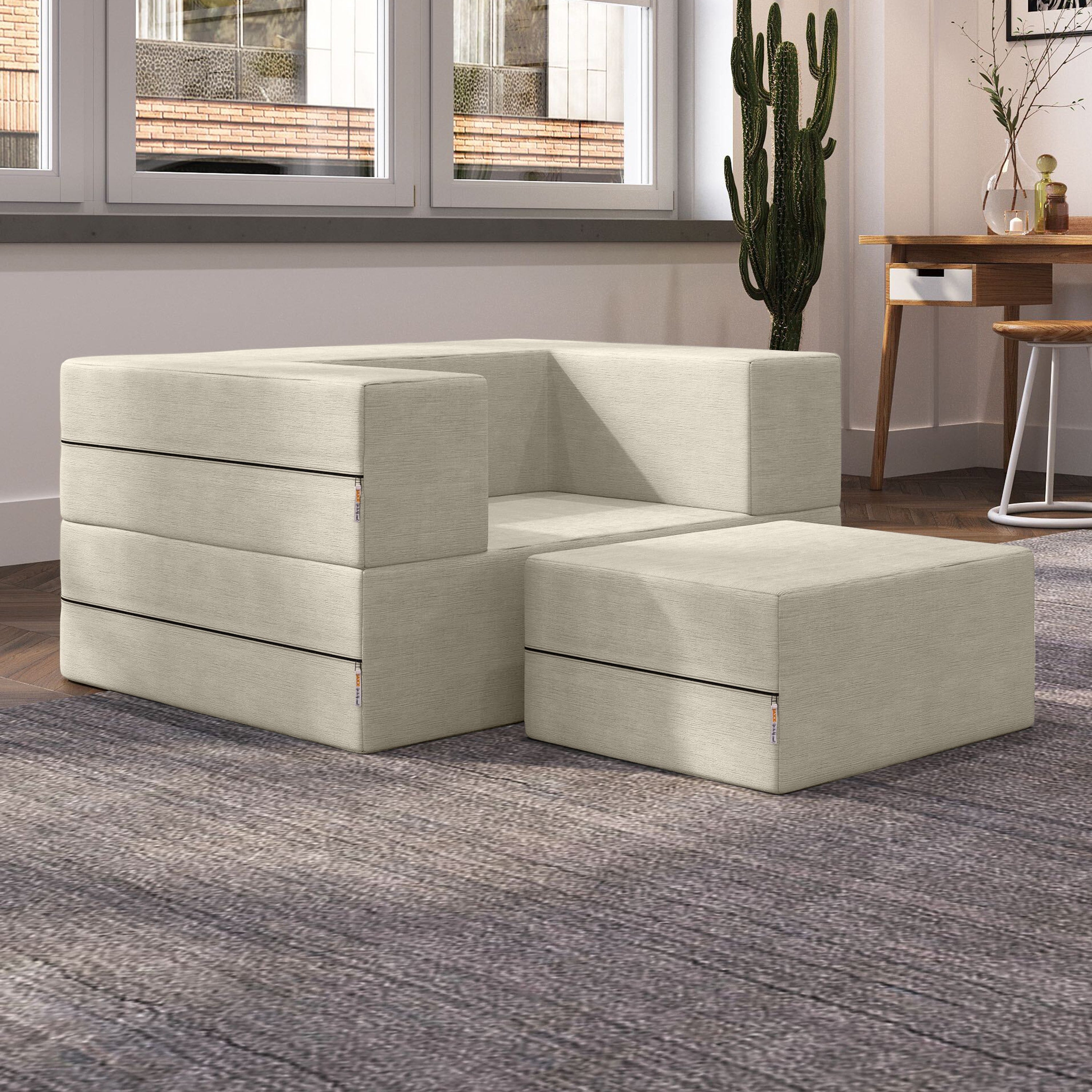 Jaxx Zipline Convertible Sleeper Futon Chair & Ottoman with Machine-Washable Cover, Ivory