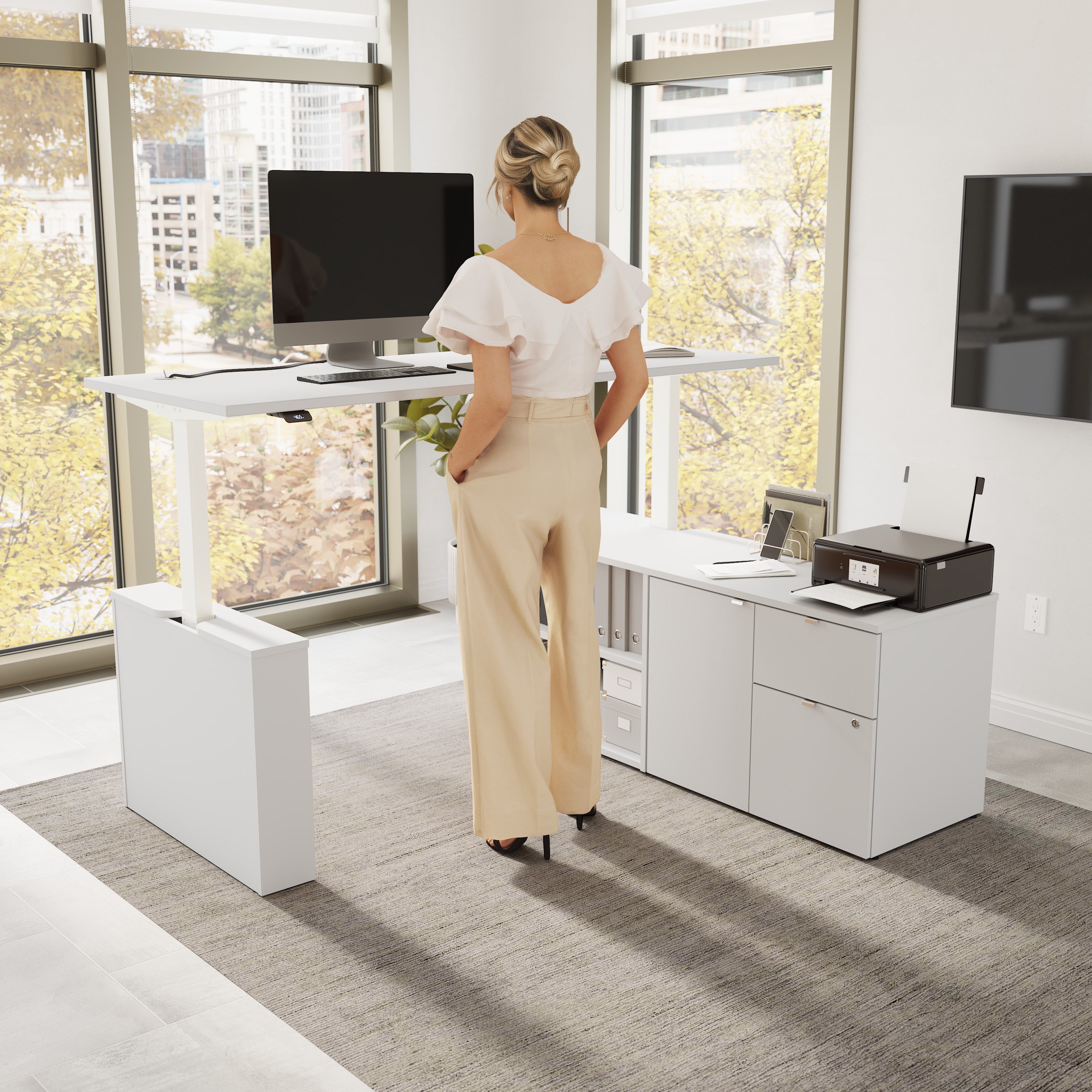 Bush Business Furniture Stratus&nbsp;72W x&nbsp;30D Electric Height Adjustable Standing Desk with Storage in White with White Base - 71.02" Width x 29.37" Depth x 27.44" Height