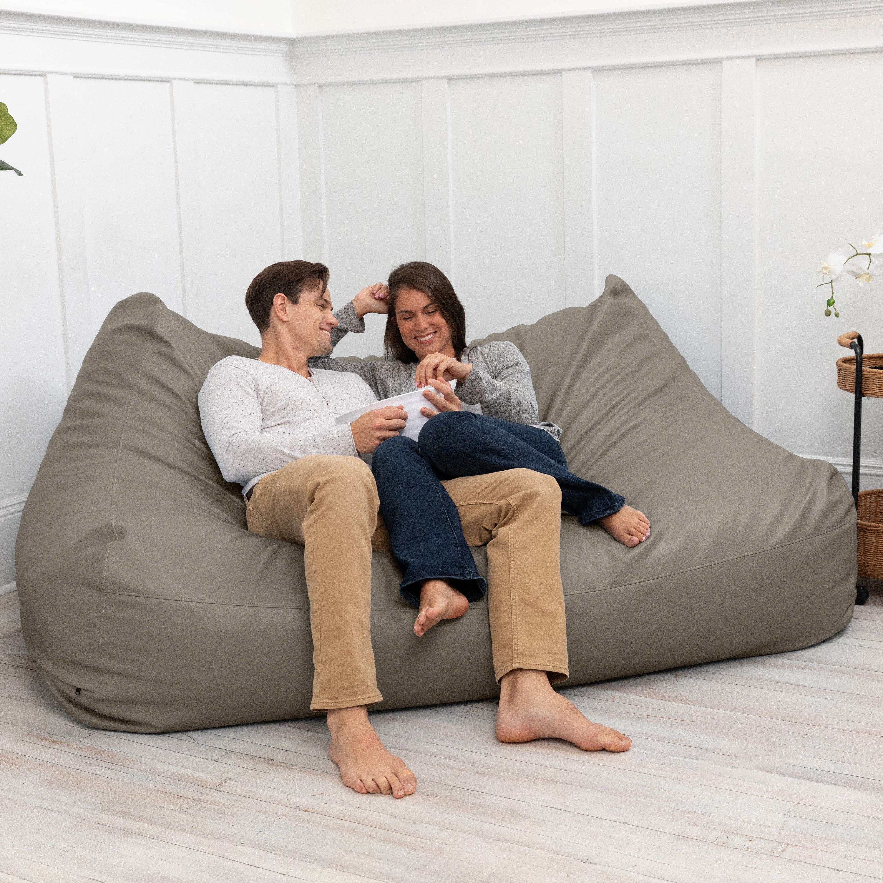 Atrium Collection Lozia Loveseat - Large Foam Bean Bag Sofa for Home Theaters, Offices, Schools, Reception & Waiting Rooms - Faux-Leather - Gun Metal