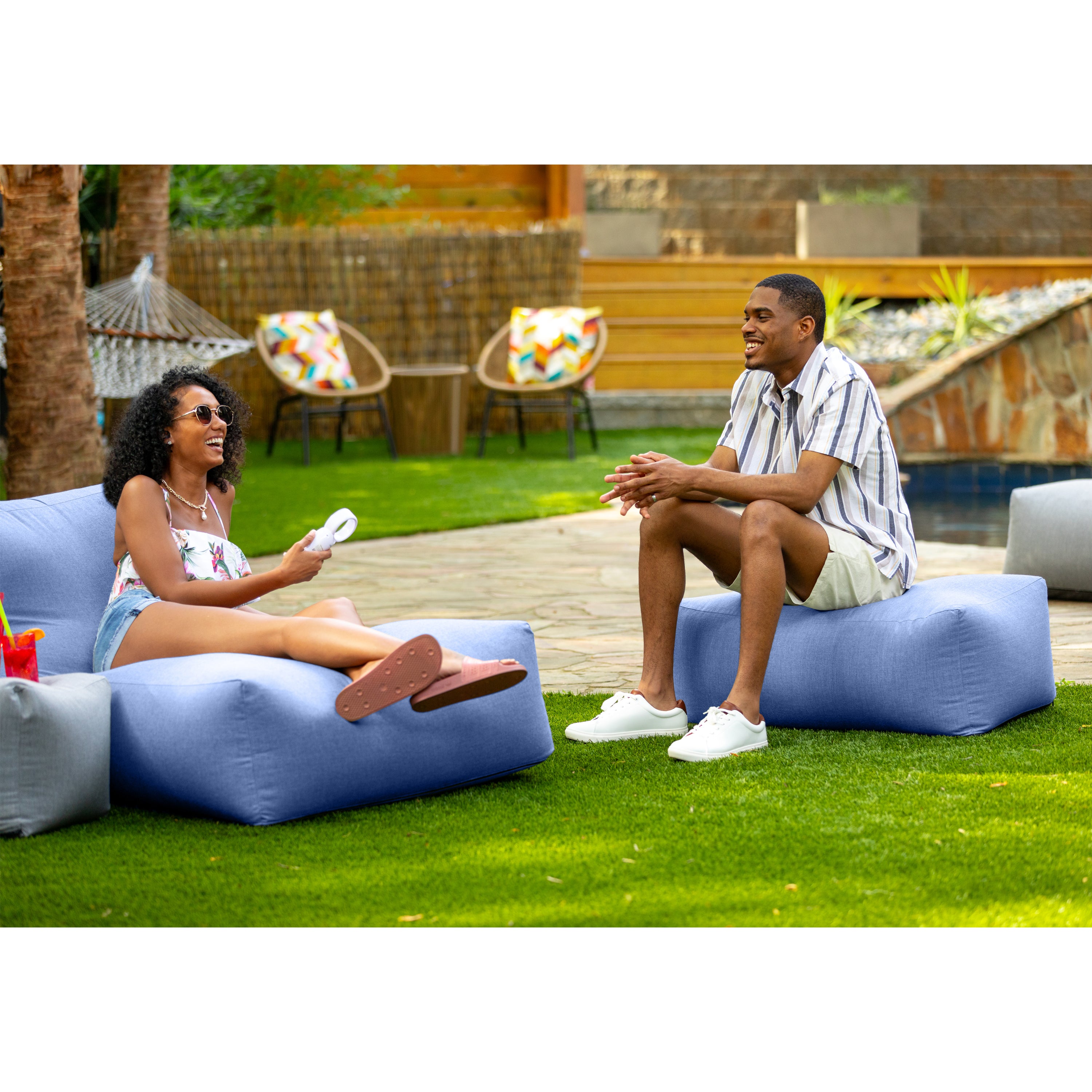 Coza Ottoman - Large Outdoor Pouf & Footrest - Sunbrella, Ocean Blue