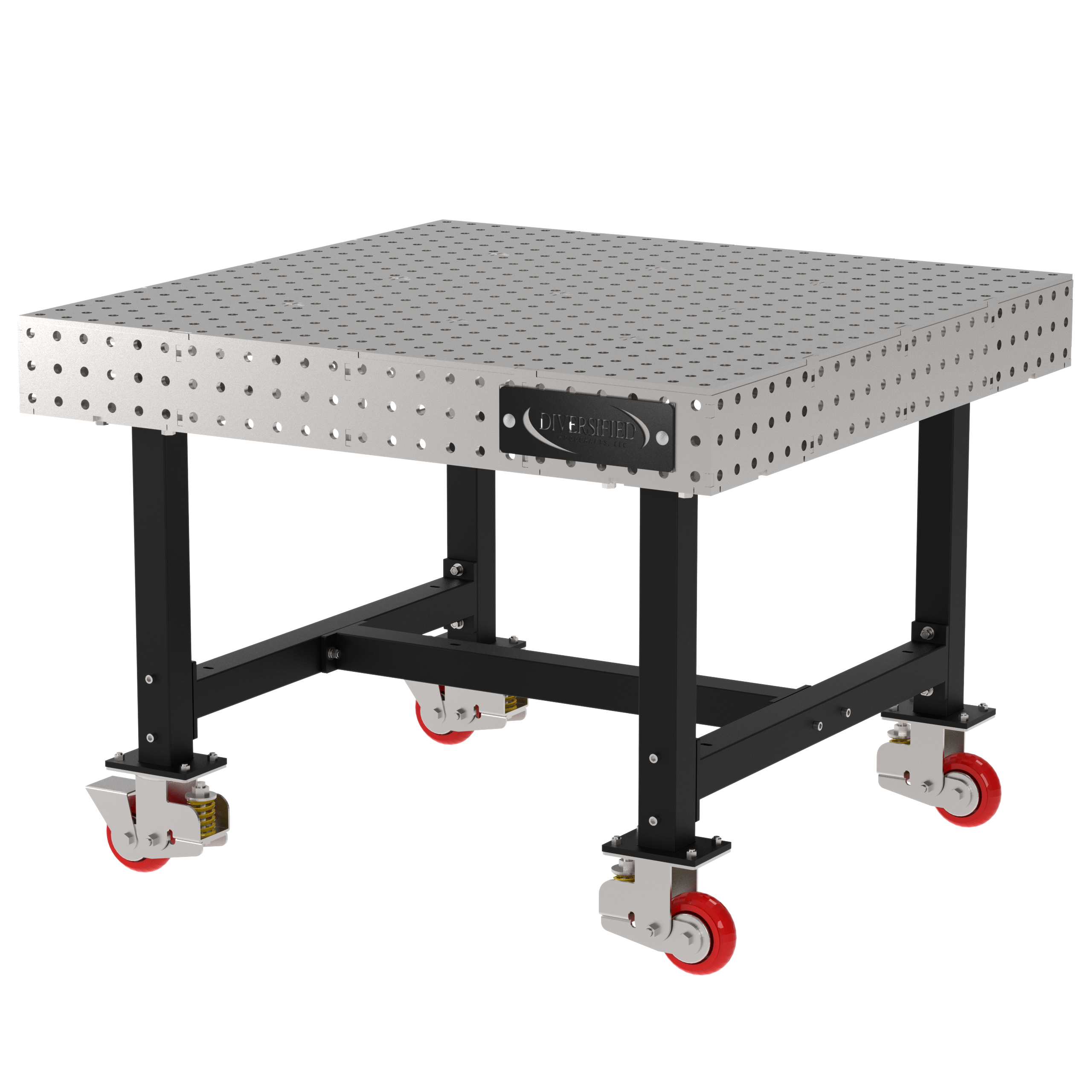 Welding Fixture Table, Fixed Height, 36"H x 48"L x 48"D, 1/4" Carbon Steel Top, Four Black  Powdercoat Legs, 4 Heavy Duty Suspension Casters (2 Locking/Swiveling Casters and 2 Non-Locking/Non-SwivelingCasters)