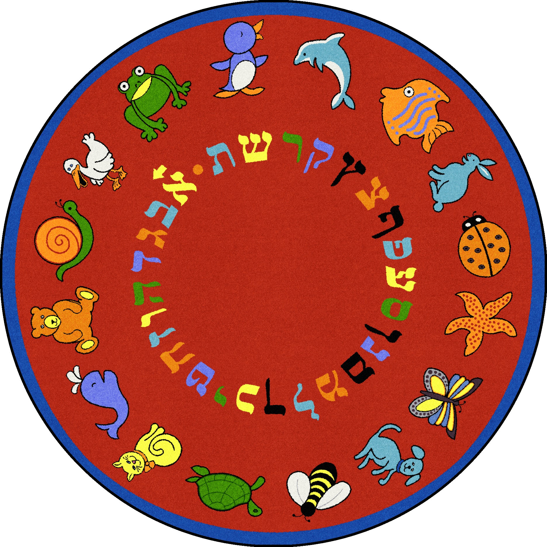 ABC Animals (Hebrew Alphabet) 7'7" Round area rug in color Red