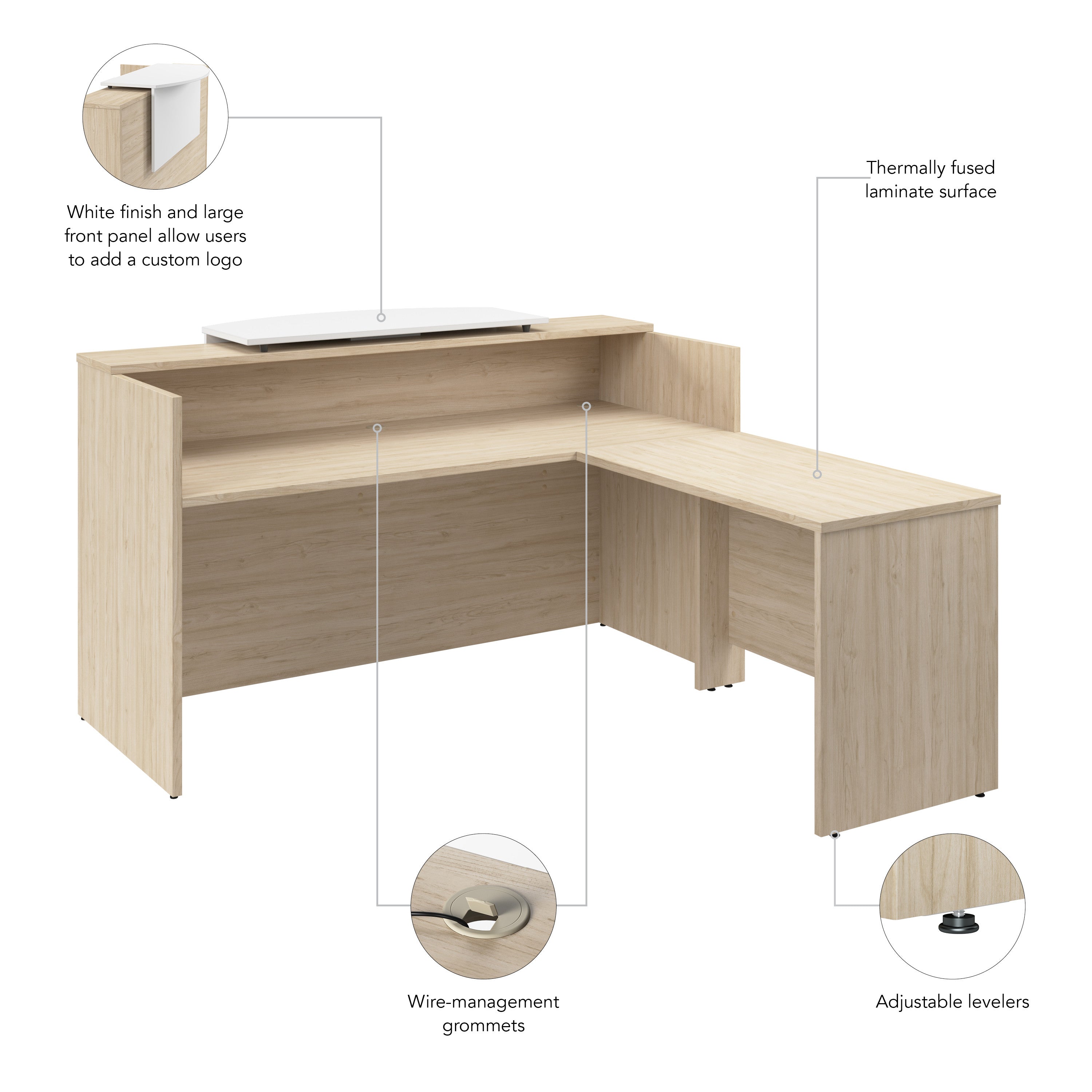 Bush Business Furniture Arrive 72W x 72D L Shaped Reception Desk with Counter in Natural Elm - 71.02" Width x 71.14" Depth x 40.35" Height