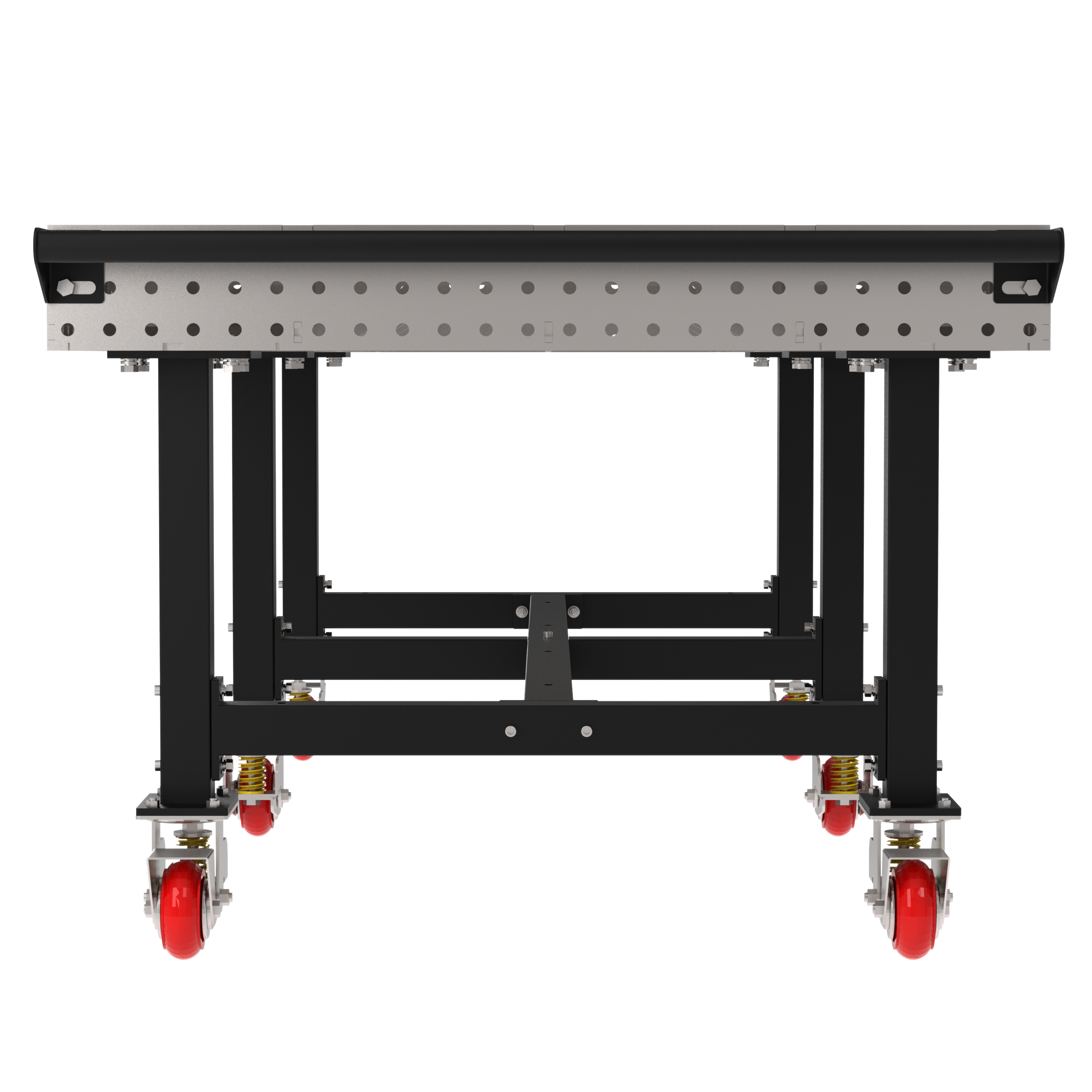 Welding Fixture Table, Fixed Height, 36"H x 96"L x 48"D, 1/4" Carbon Steel Top, Six Black Powdercoat Legs, Handle, 6 Heavy Duty Suspension Casters (4 Locking/Swiveling Casters and 2 Non-Locking/Non-SwivelingCasters)
