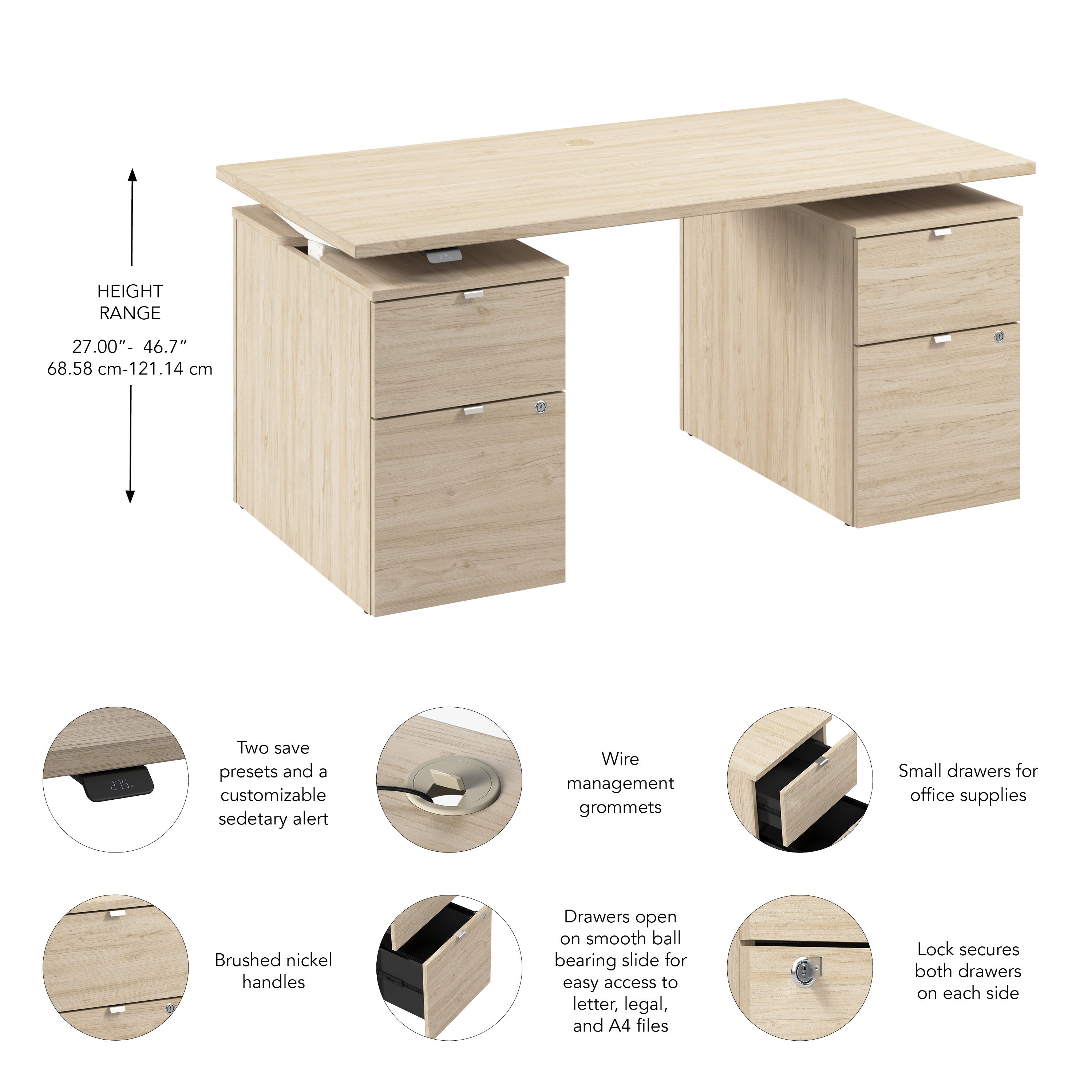 Bush Business Furniture Stratus&nbsp;60W x&nbsp;30D Electric Height Adjustable Standing Desk with Drawers in Natural Elm with White Base - 59.45" Width x 29.37" Depth x 27.44" Height