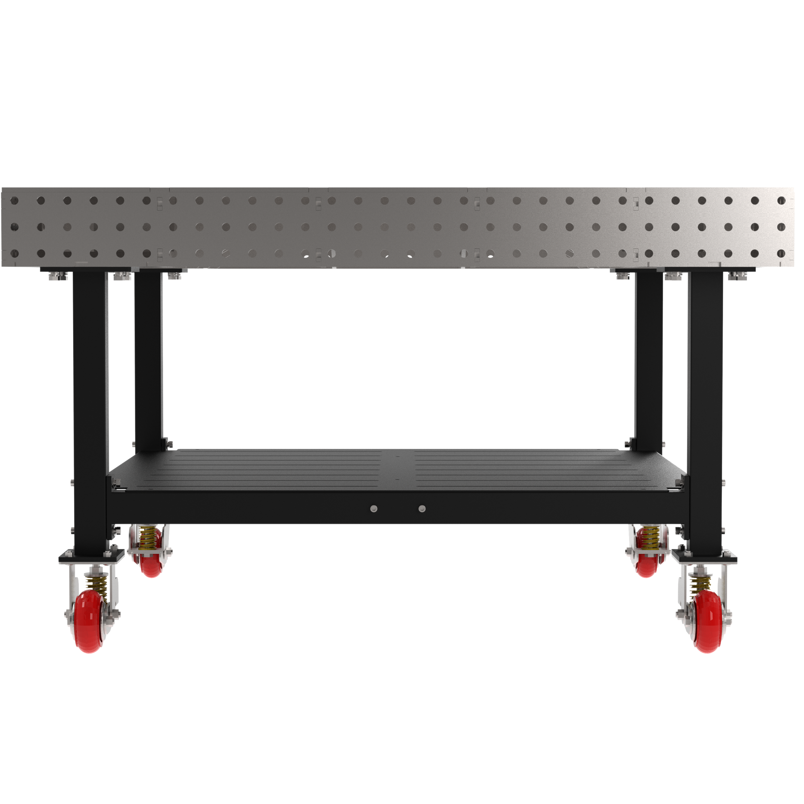 Welding Fixture Table, Fixed Height, 36"H x 60"L x 60"D, 1/4" Carbon Steel Top, Four Black Powdercoat Legs, Shelf, 4 Heavy Duty Suspension Casters (2 Locking/Swiveling Casters and 2 Non-Locking/Non-SwivelingCasters)