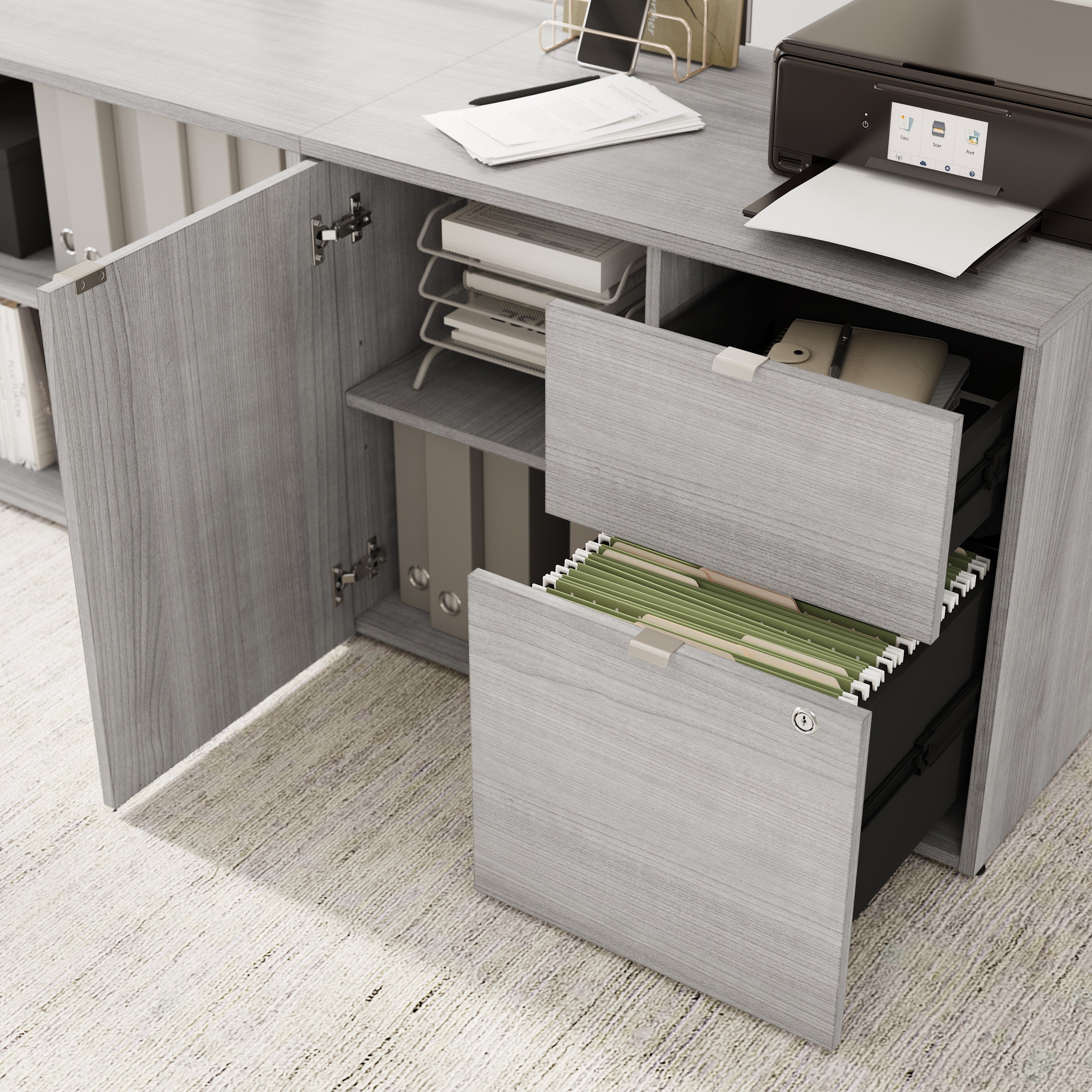 Bush Business Furniture Stratus&nbsp;72W x&nbsp;30D Electric Height Adjustable Standing Desk with Storage in Platinum Gray with Metallic Gray Base - 71.02" Width x 29.37" Depth x 27.44" Height