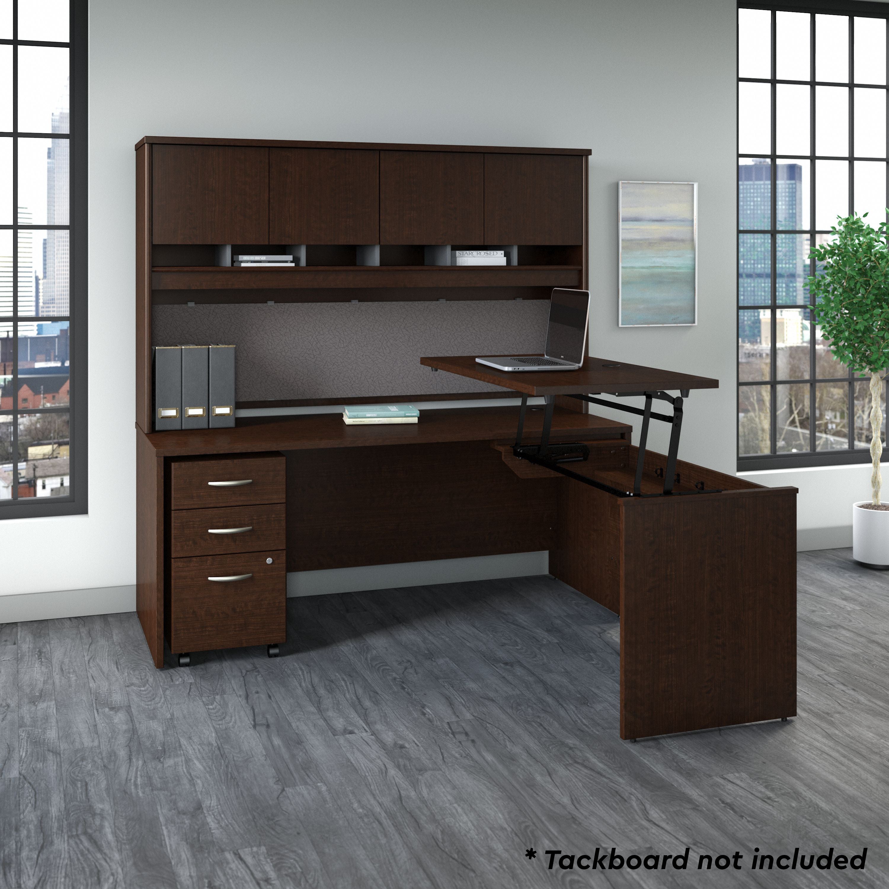 Bush Business Furniture Series C 72W x 30D 3 Position Sit to Stand L Shaped Desk with Hutch and Mobile File Cabinet in Mocha Cherry - 71.1" Width x 72.01" Depth x 72.85" Height