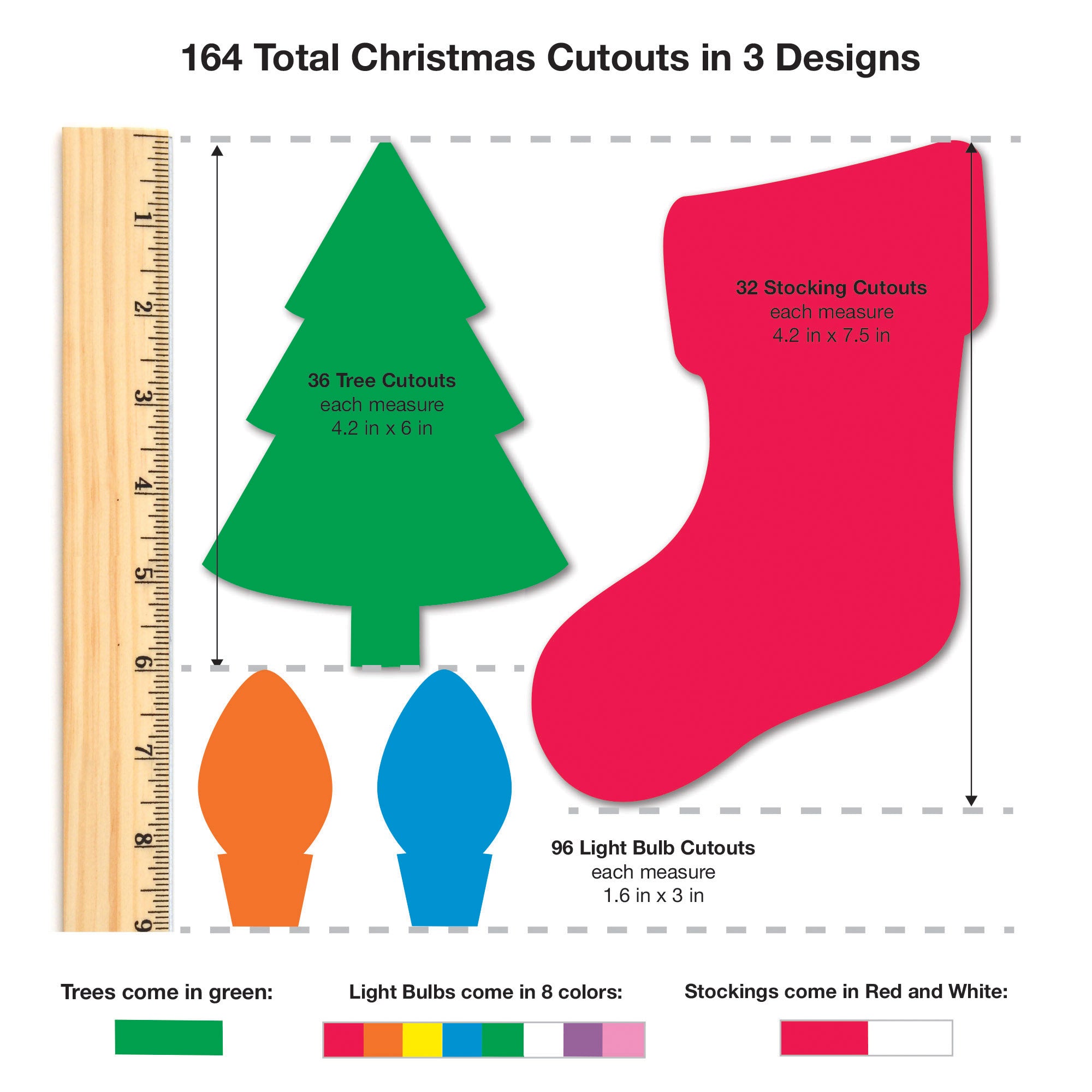 Punch Out Paper Cutouts, Christmas Shapes, Trees, Stockings & Light Bulb, 164 Pieces