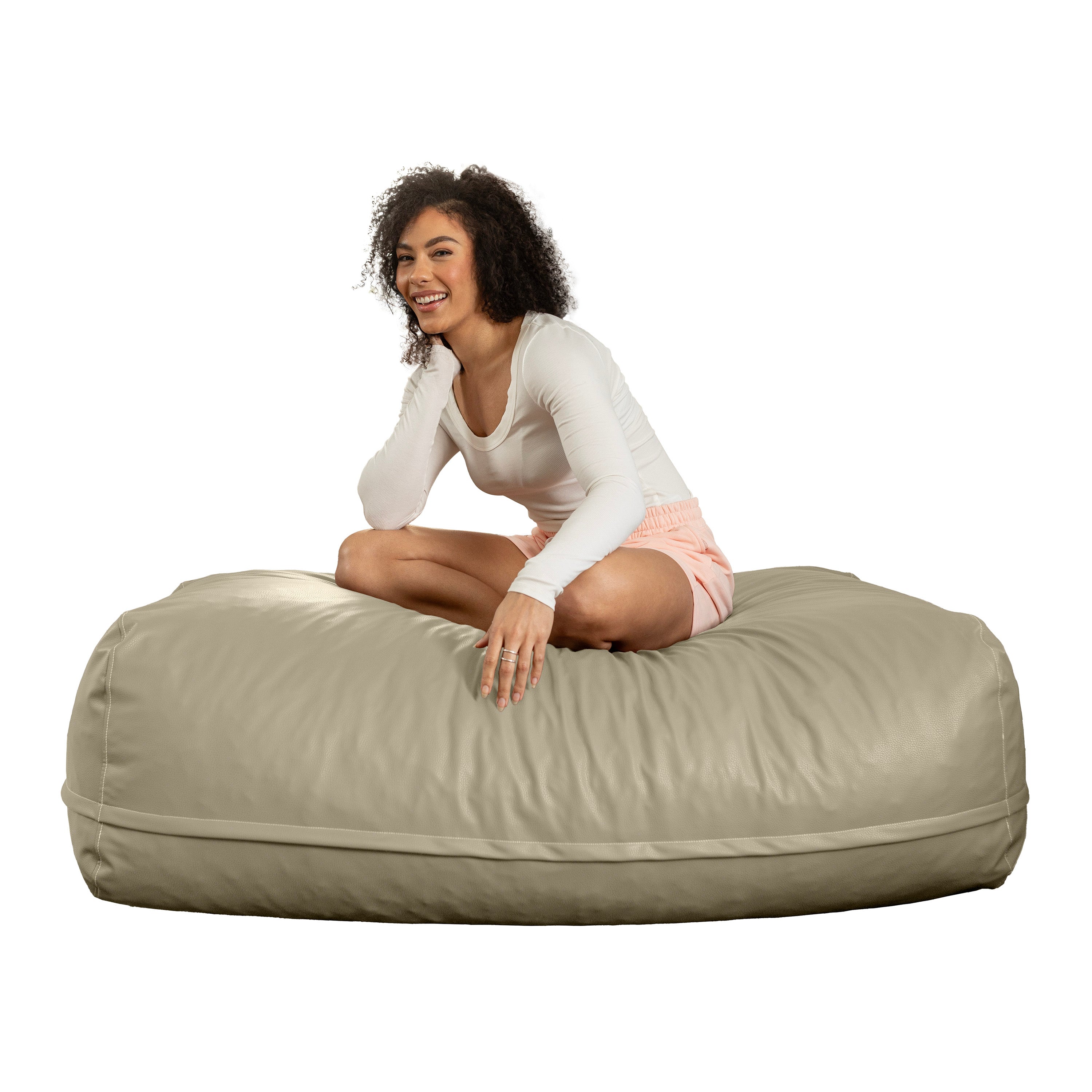 Atrium Collection Lino Ottoman - Oversized Large Couch Ottoman & Foam-Filled Lounger - Faux Leather - Natural Beige