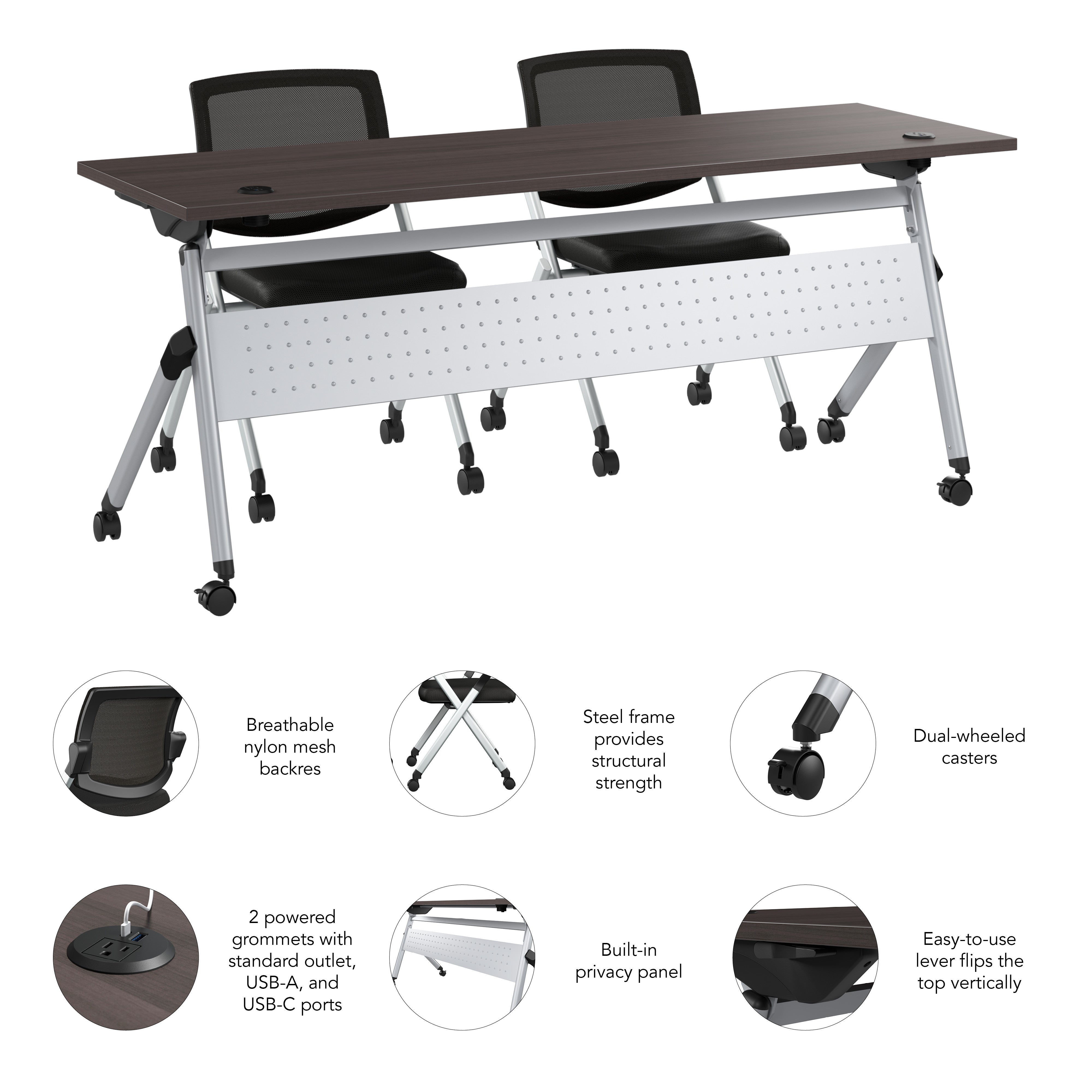 Bush Business Furniture Envision 72W Folding Training Table with Powered Grommets and 2 Chairs in Storm Gray - 71.02" Width x 23.54" Depth x 32.87" Height