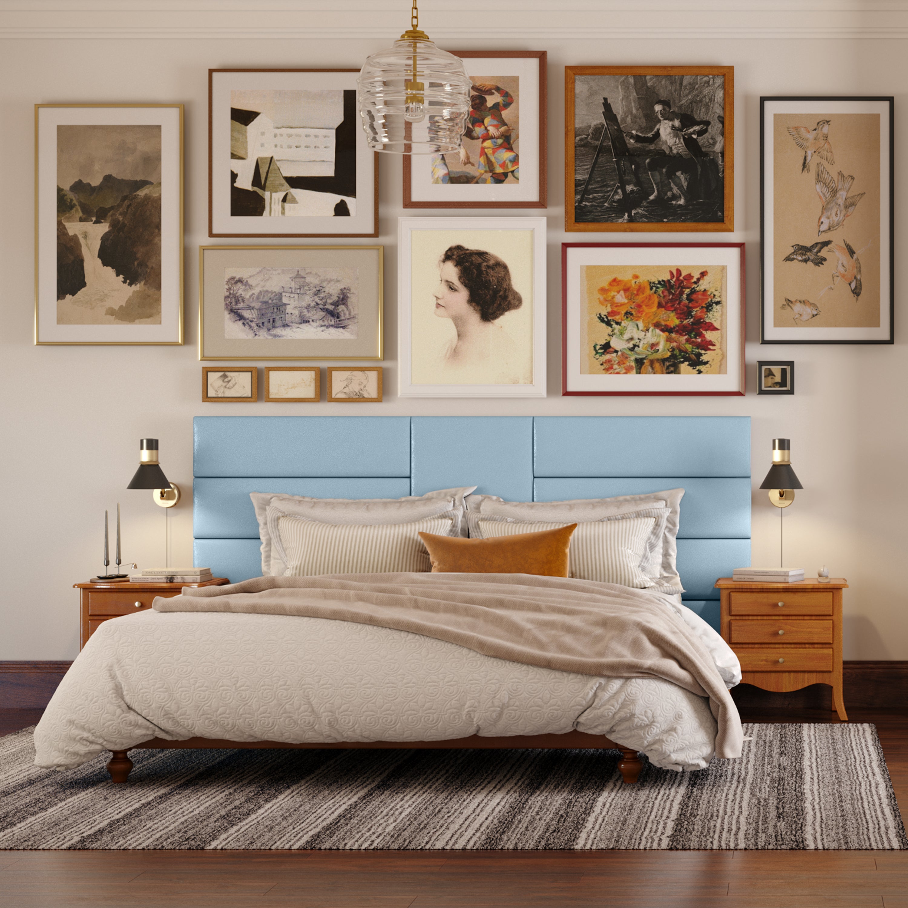 Jaxx Panelist Modern Padded Headboard – Set of 4 Wall Mounted Panels (Each 11.25" x 30") - Queen, Vegan Leather, Bristle Blue