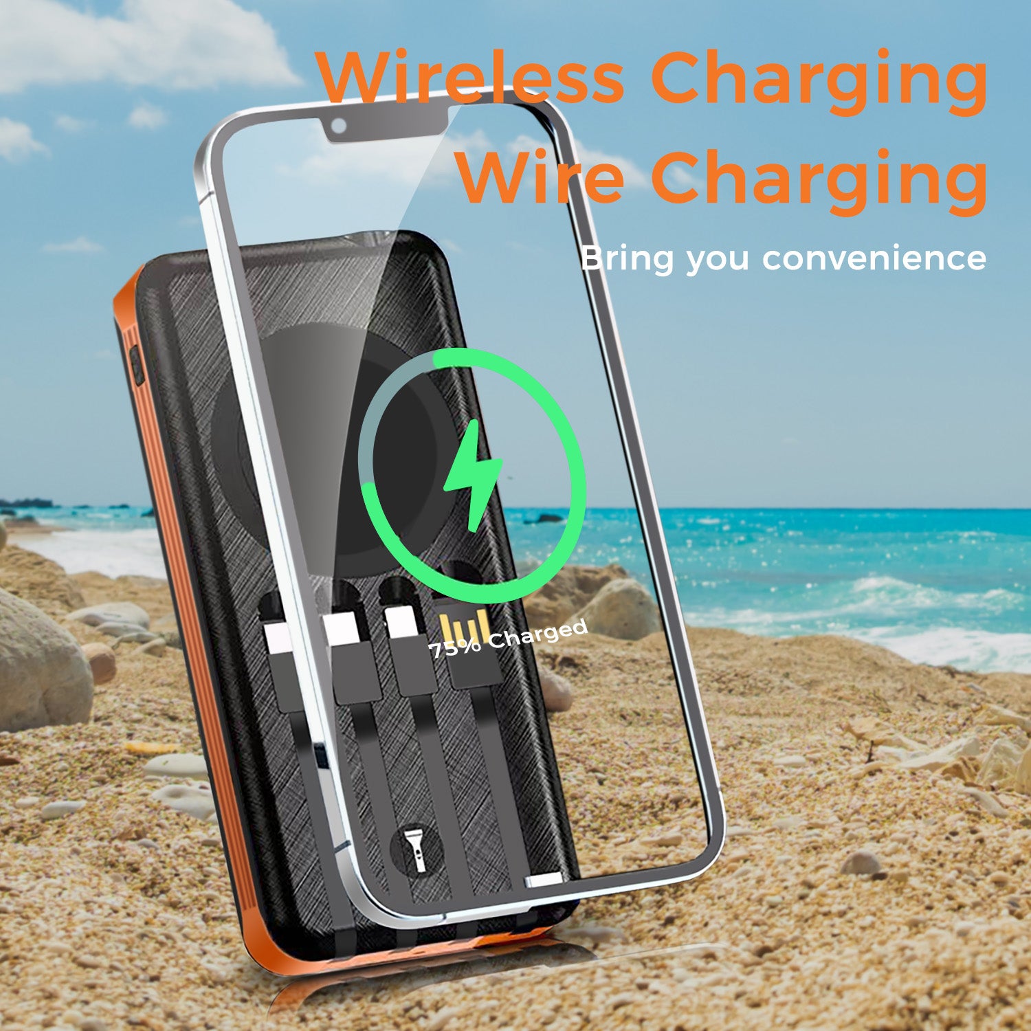 10000mAh Solar Power Bank with Wireless Charging and Built-in Cables, Orange