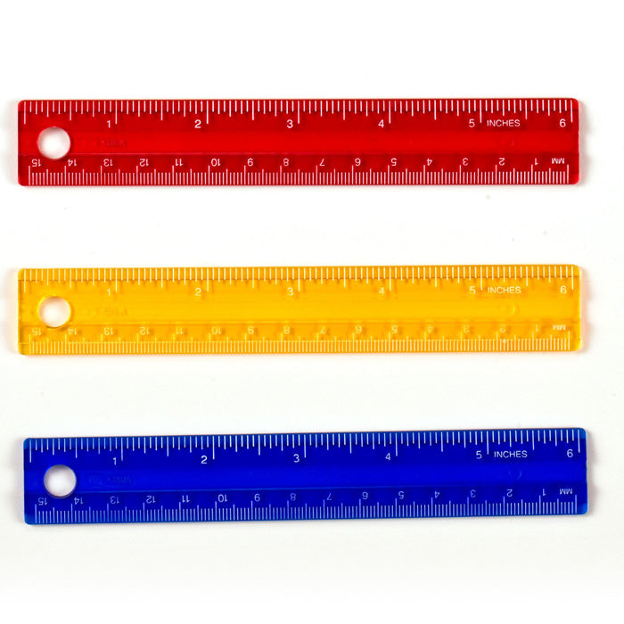 Achieva® Ruler, 6" Plastic, Assorted Transparent Colors: Red, Yellow, Blue