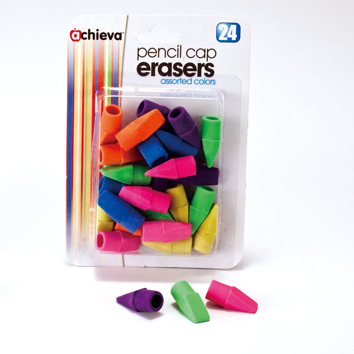 Achieva® Eraser, Pencil Caps, Assorted, 24/Card