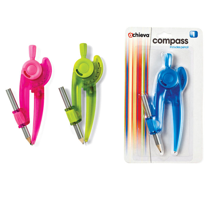 Achieva® Compass, Plastic w/Pencil, Carded, Assorted Colors: Blue, Lime Green, Pink
