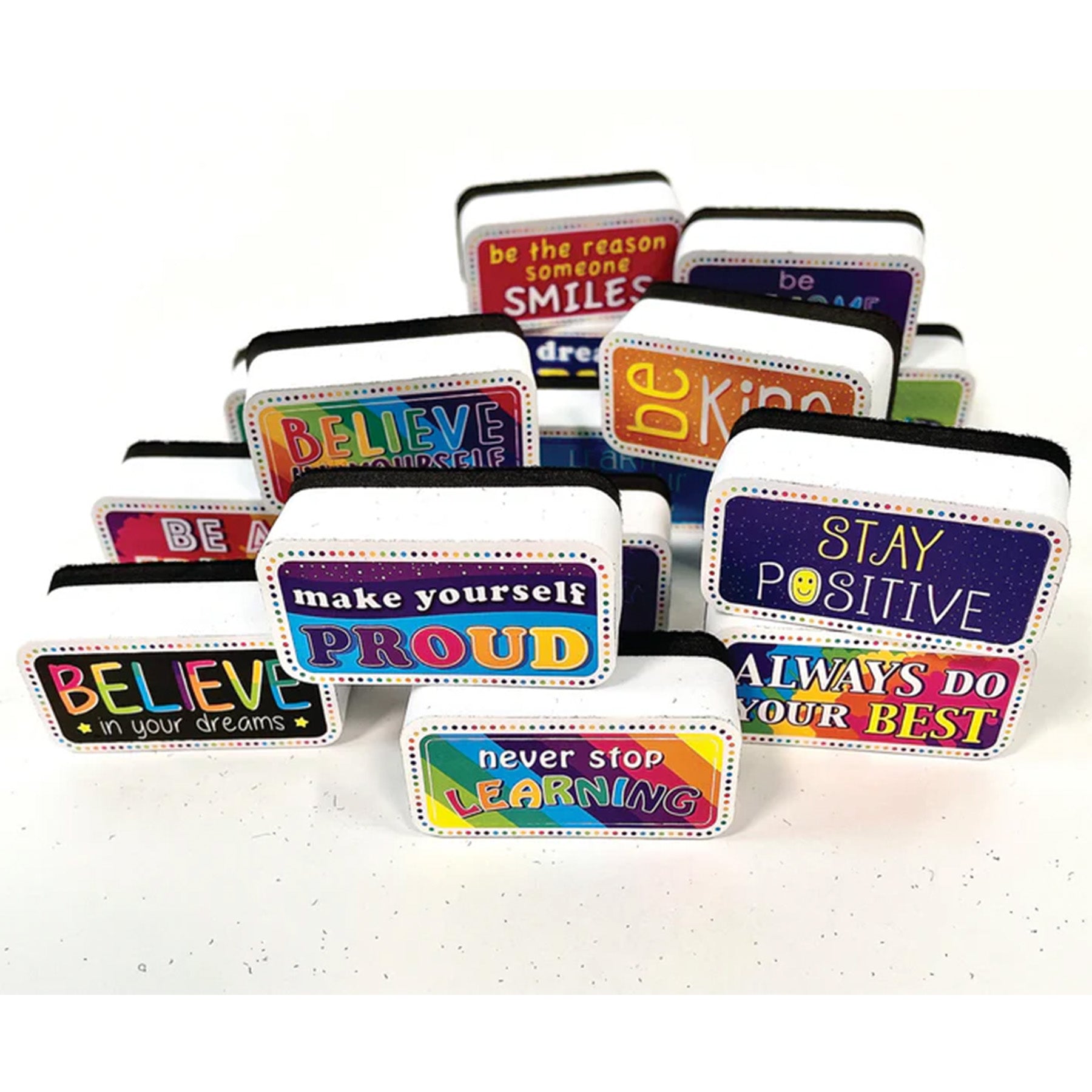 Non-Magnetic Mini Whiteboard Erasers, Motivational/Character Building, Pack of 16
