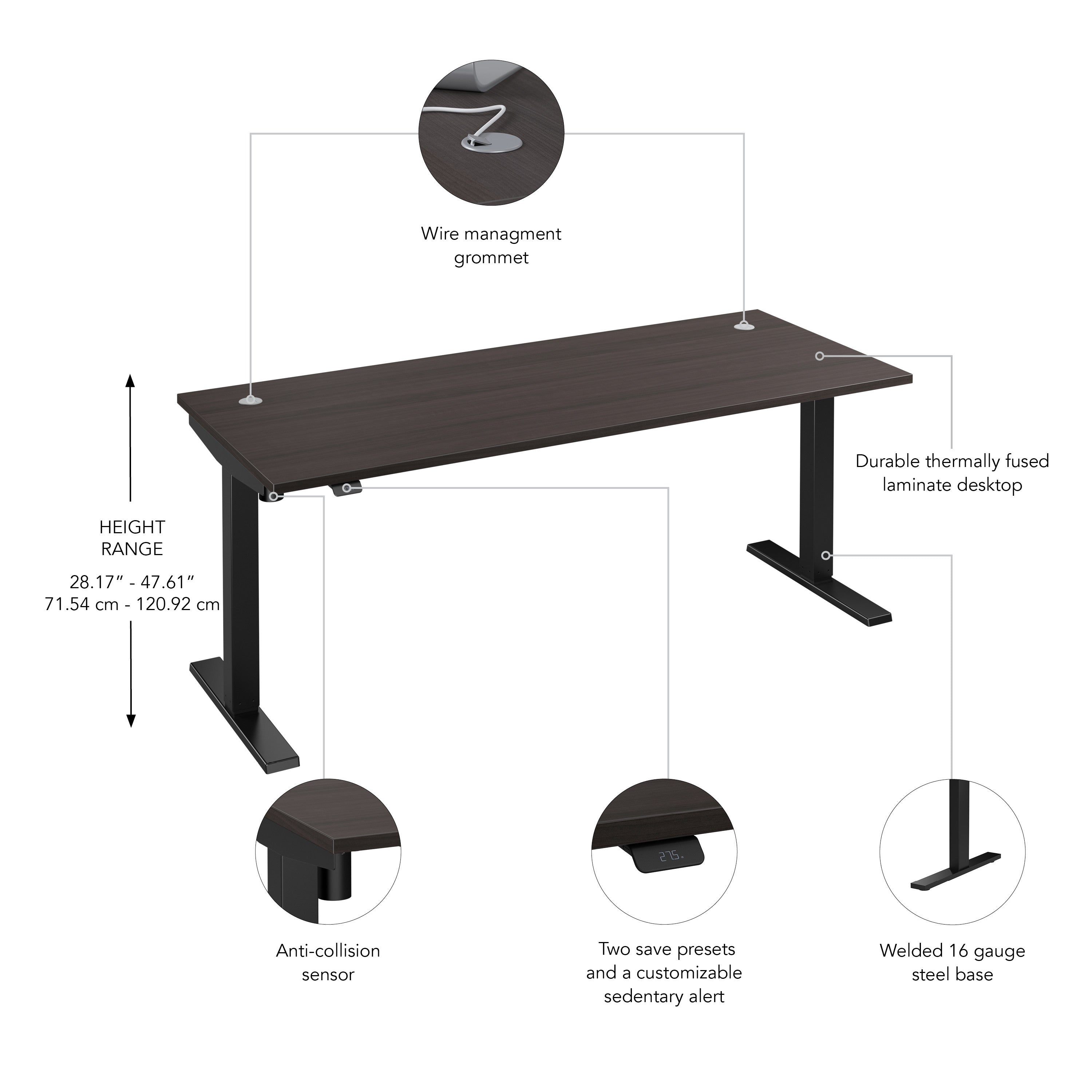 Bush Business Furniture Move 40 Series 72W x 30D Electric Height Adjustable Standing Desk in Storm Gray with Black Base - 71.02" Width x 29.37" Depth x 28.17" Height