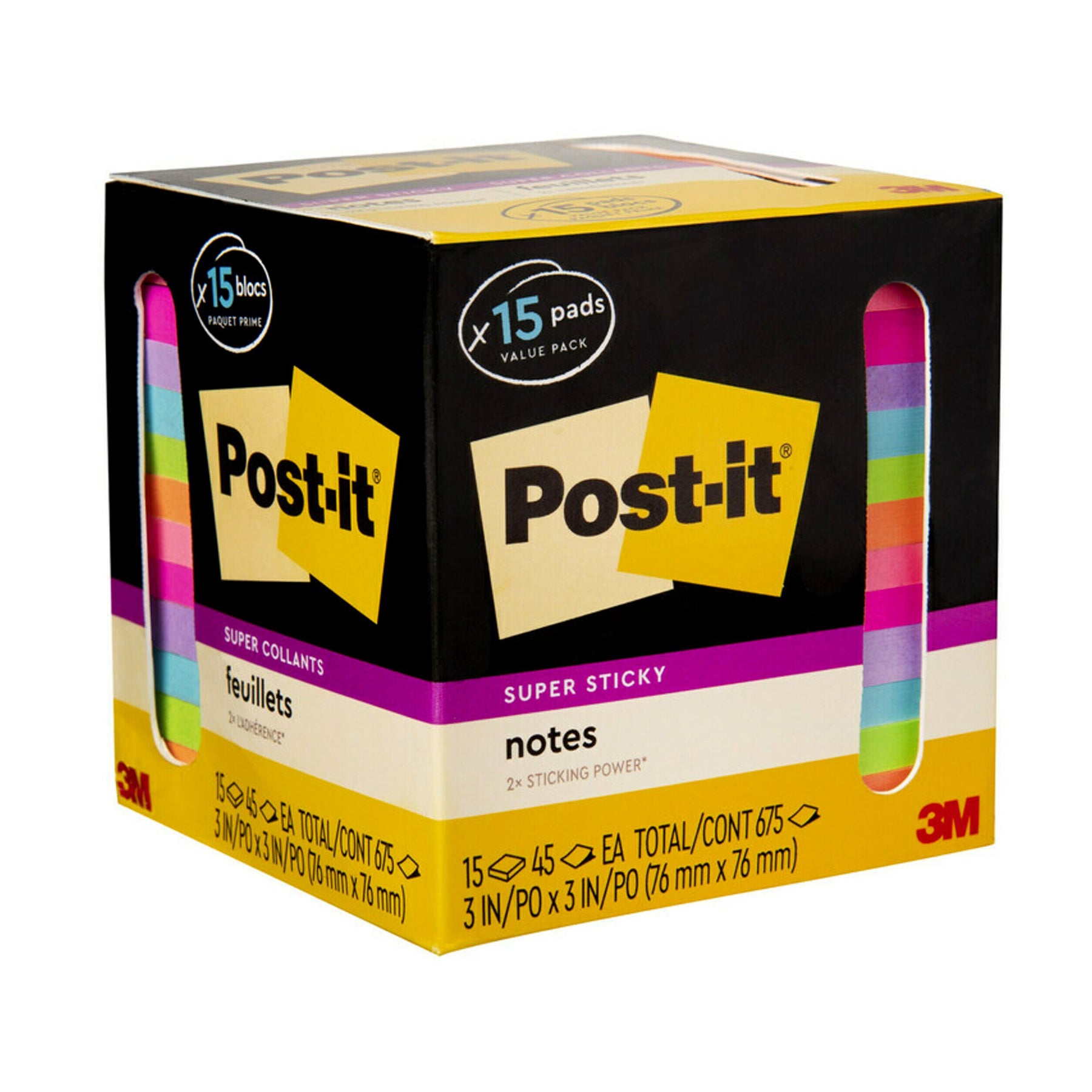 Super Sticky Notes, 3 in. x 3 in., Assorted Bright Colors, 45 Sheets/Pad, 15 Pads/Pack