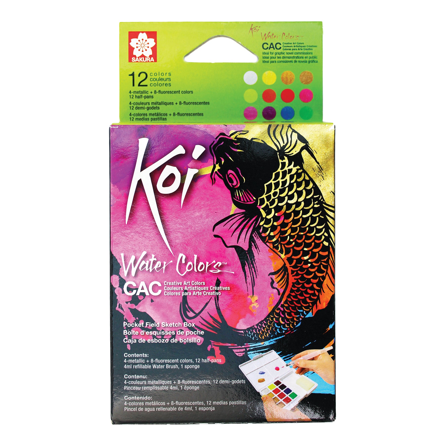 Koi Water Colors Field Sketch Box with Brush, 12 Creative Art Colors