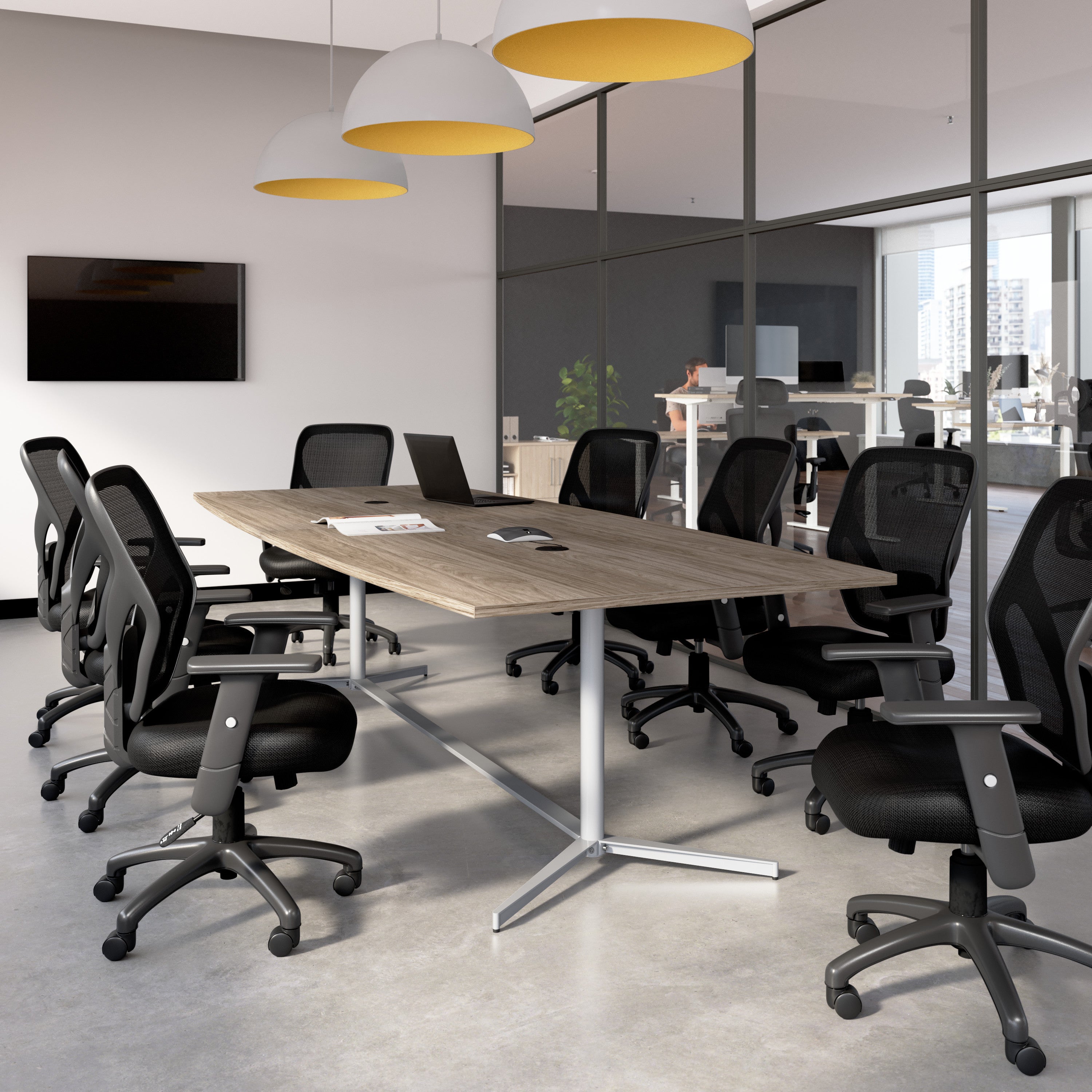 Bush Business Furniture 120-inch Office Conference Table with Metal Base in Modern Hickory - 119.21" Width x 47.51" Depth x 28.65" Height