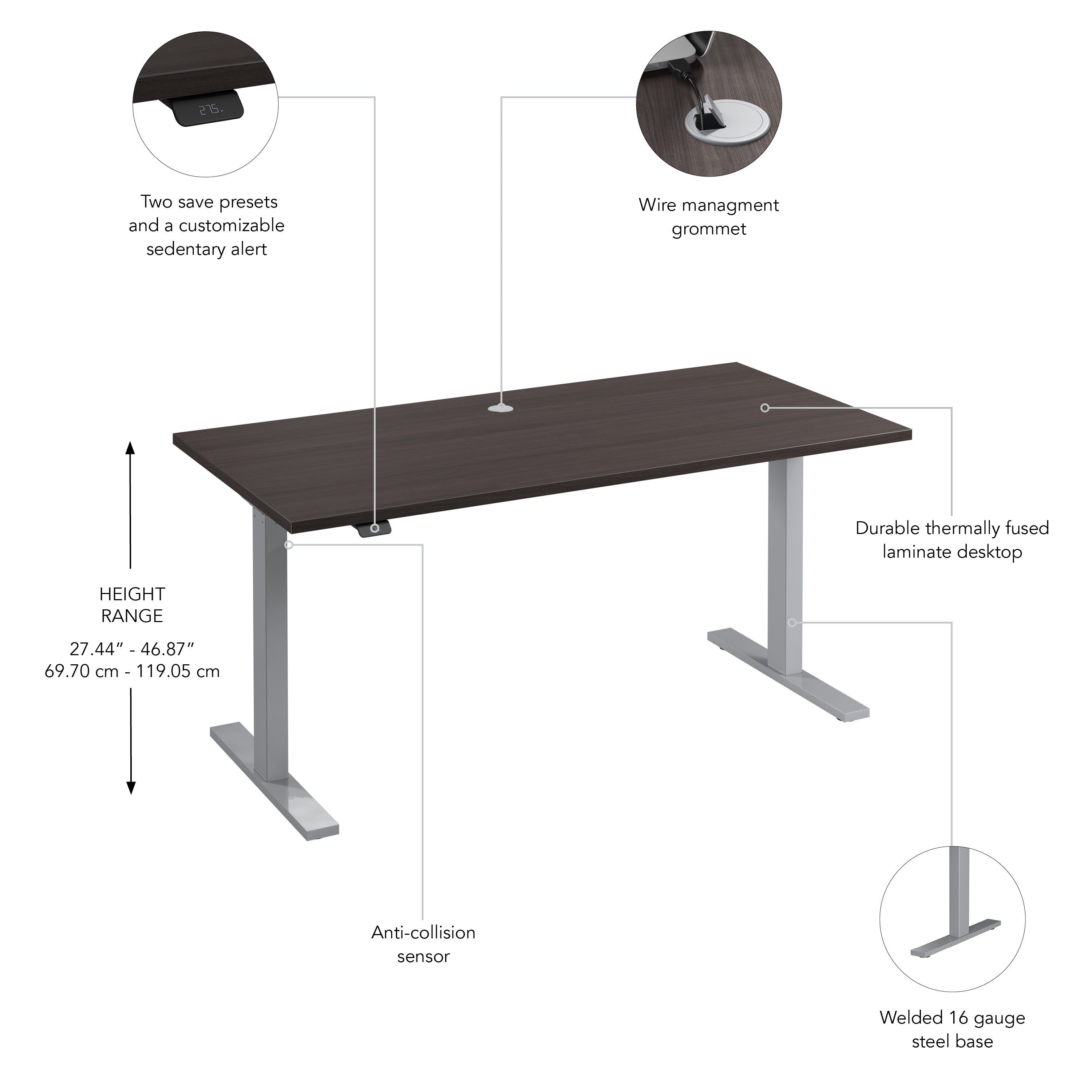 Bush Business Furniture Move 60 Series 60W x 30D Electric Height Adjustable Standing Desk in Storm Gray with Metallic Gray Base - 59.45" Width x 29.37" Depth x 47.69" Height