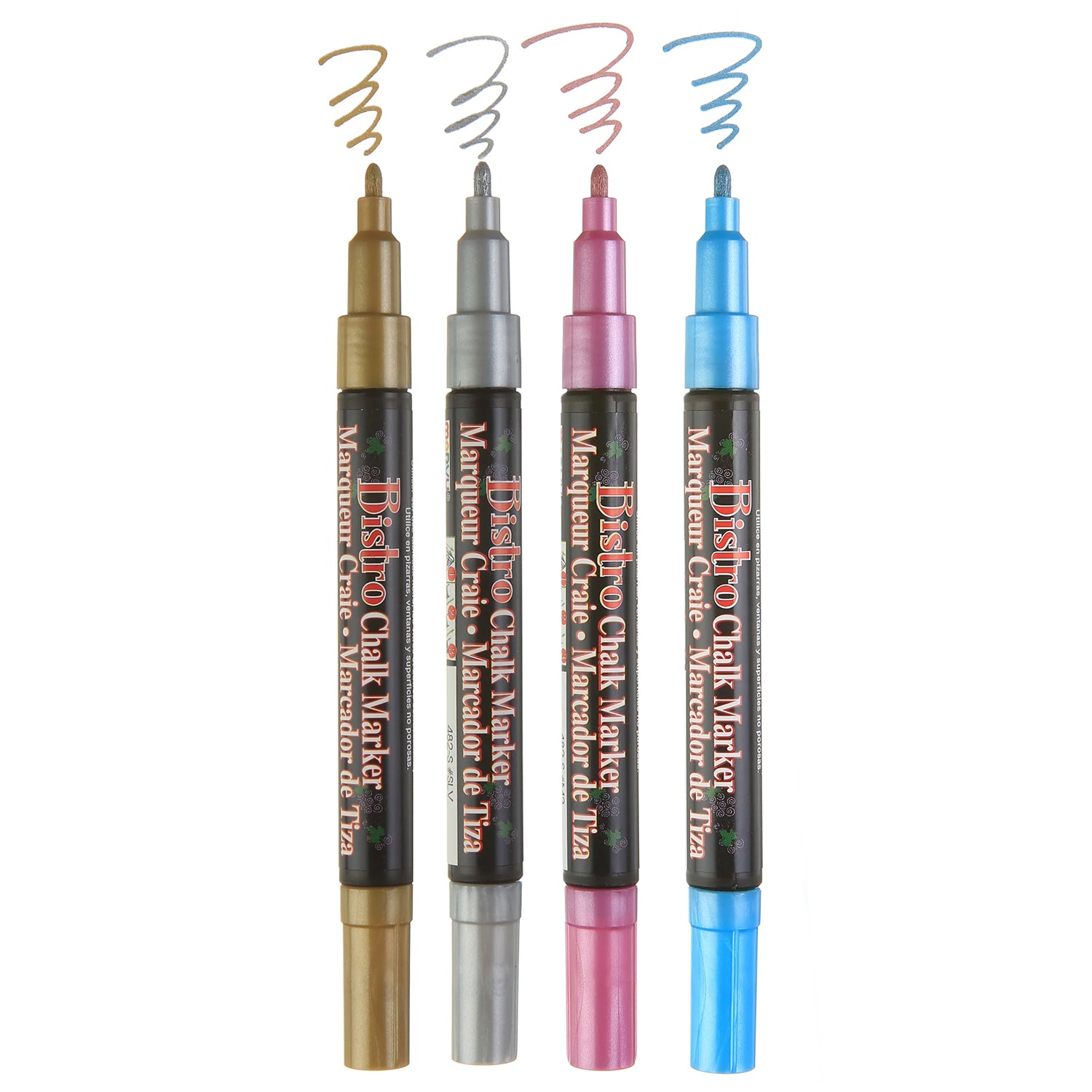 Broad Point Chalk Marker Metallic Fine Tip Set 4M, Gold, Silver, Blue, Red