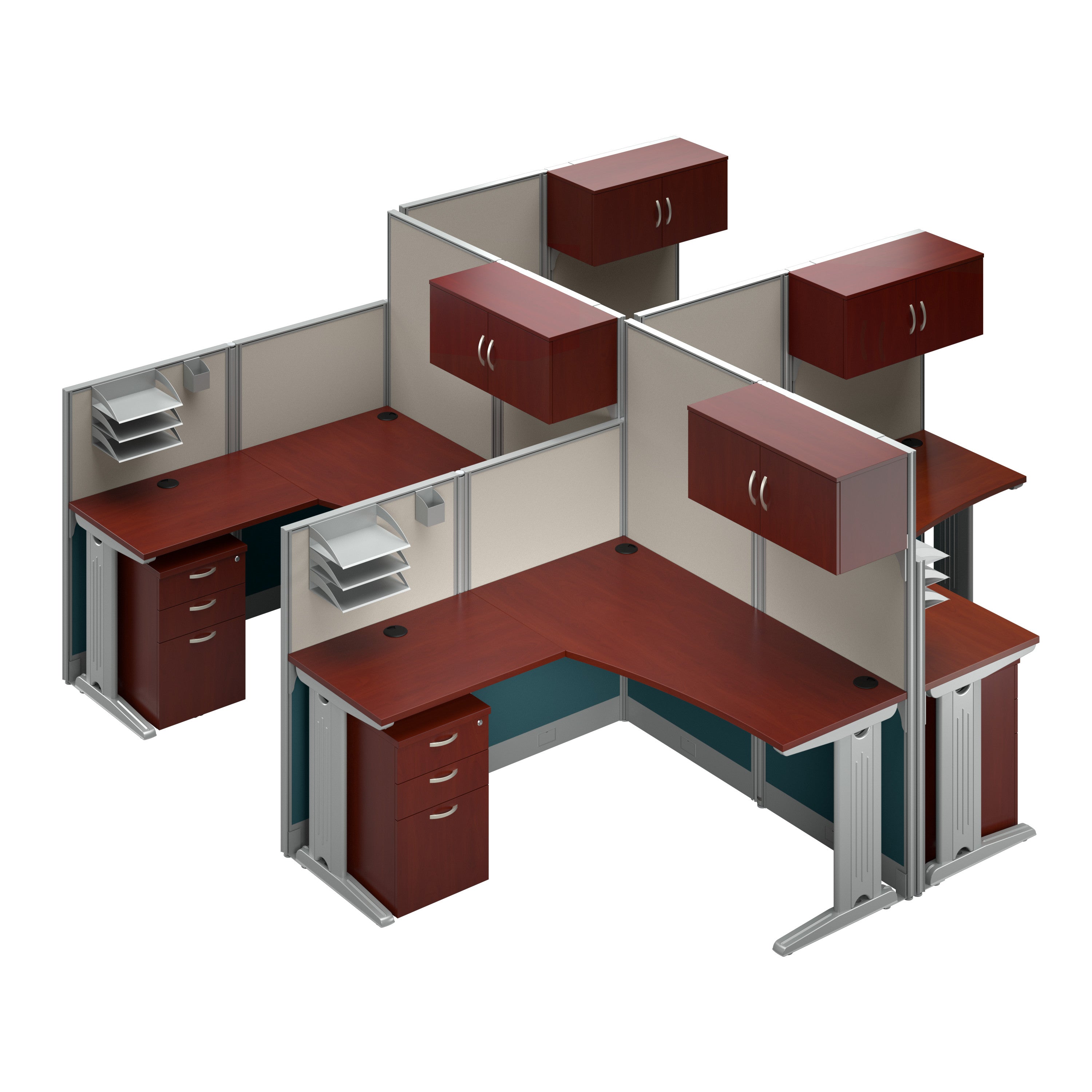Bush Business Furniture Office in an Hour 4 Person L Shaped Cubicle Desks with Storage, Drawers, and Organizers in Hansen Cherry - 128.98" Width x 128.98" Depth x 62.87" Height