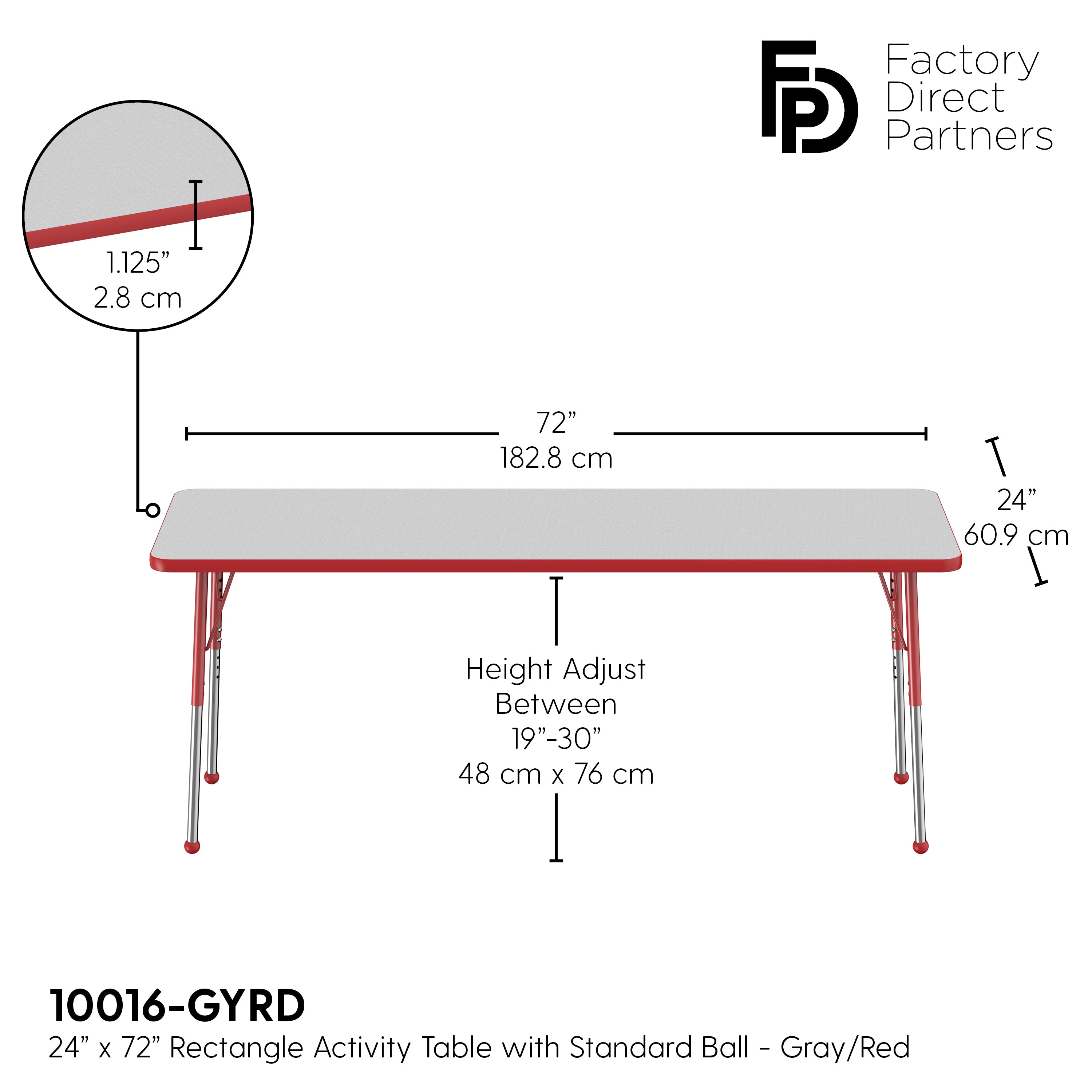 24" x 72" Rectangle T-Molding Activity Table with Adjustable Standard Ball Glide Legs - Gray/Red