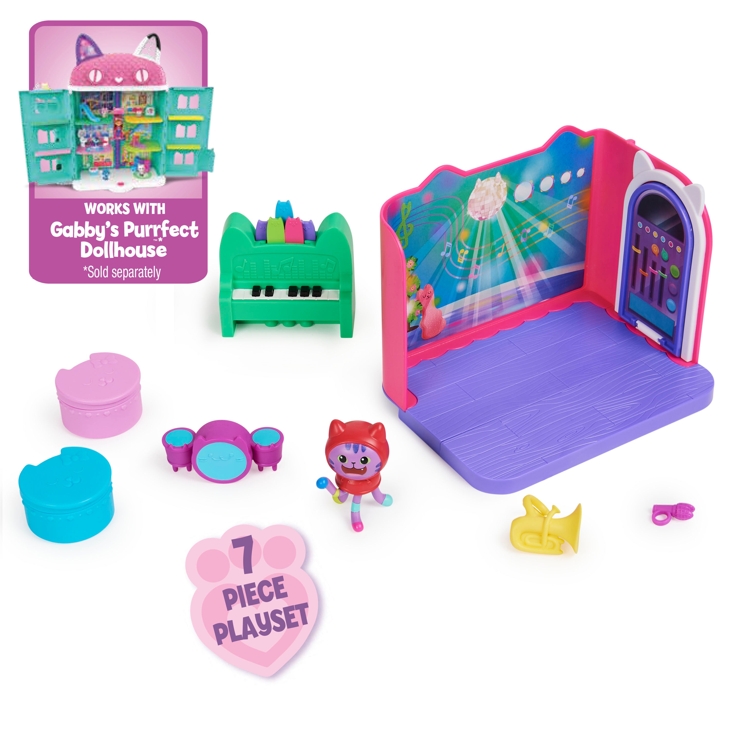 Gabby’s Dollhouse, Groovy Music Room with Daniel James Catnip Figure, 2 Accessories, 2 Furniture Pieces and 2 Deliveries, Kids Toys for Ages 3 and up