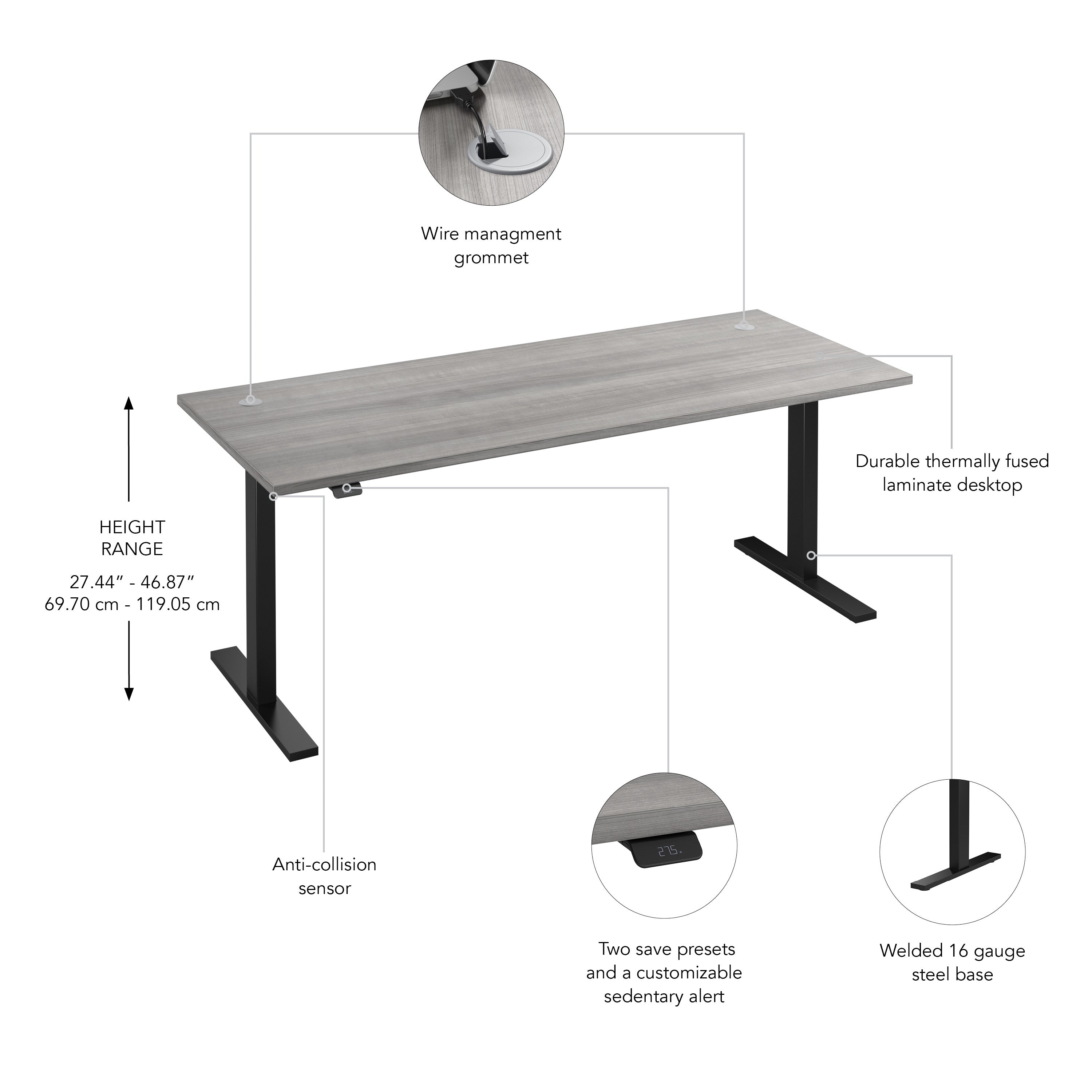 Bush Business Furniture Move 60 Series 72W x 30D Electric Height Adjustable Standing Desk in Platinum Gray with Black Base - 71.02" Width x 29.37" Depth x 47.69" Height