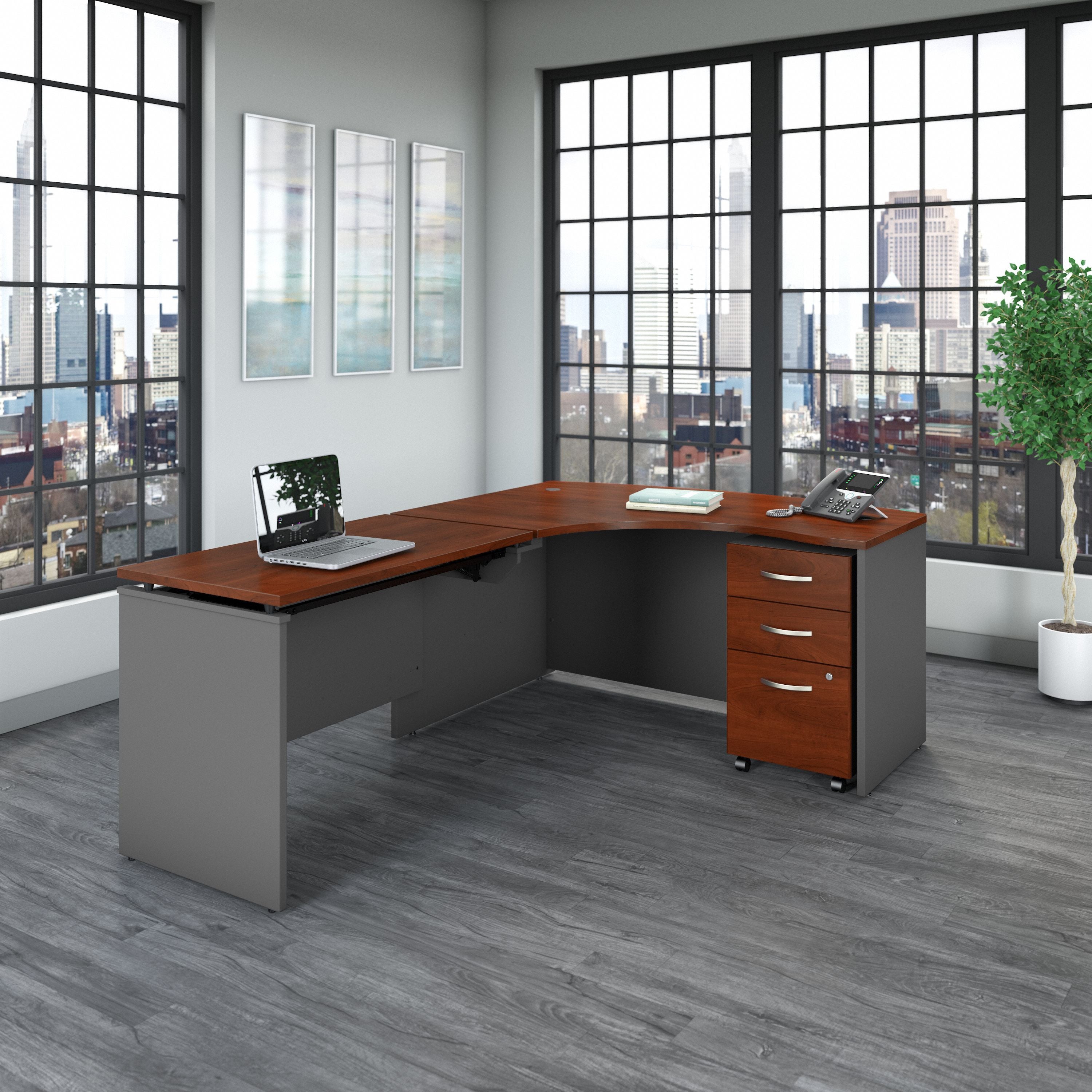 Bush Business Furniture Series C 60W x 43D Left Hand 3 Position Sit to Stand L Shaped Desk with Mobile File Cabinet in Hansen Cherry/Graphite Gray - 58.86" Width x 85.51" Depth x 29.84" Height