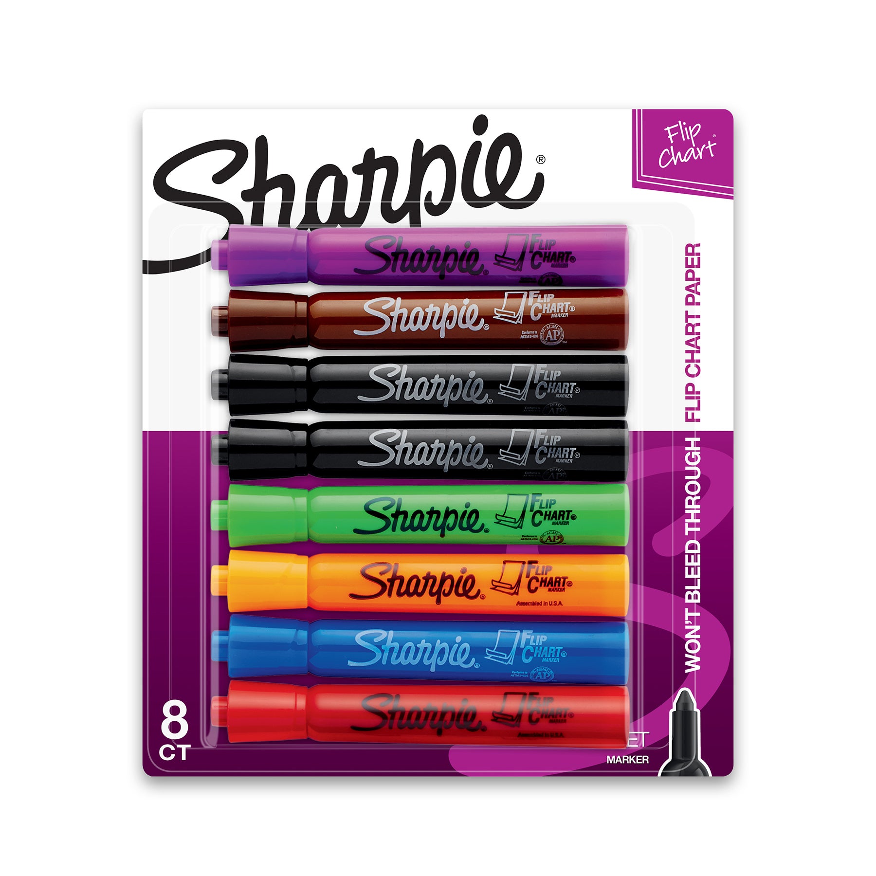 Flip Chart Markers, Bullet Tip, Assorted Colors, 8 Count