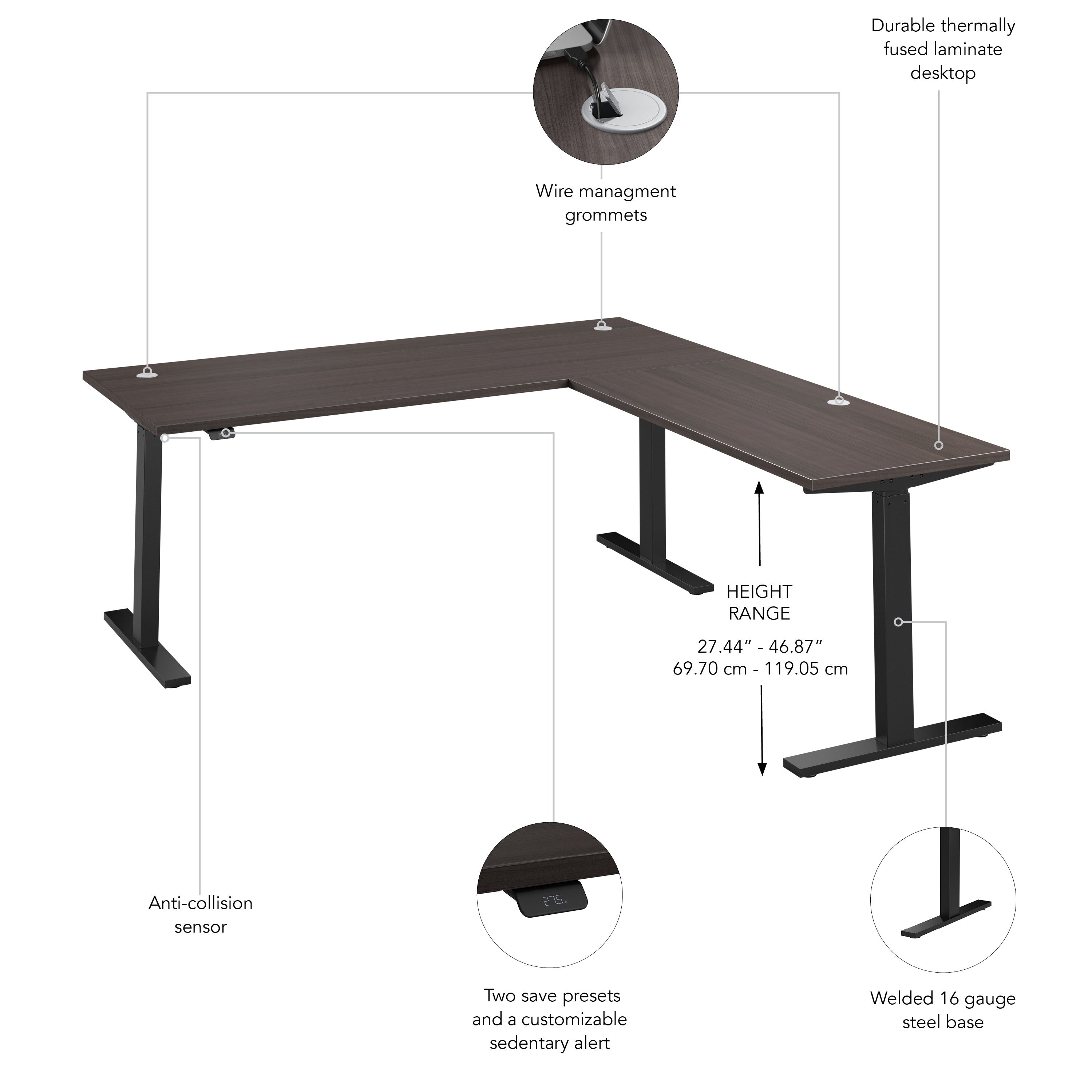 Bush Business Furniture Move 60 Series 72W Height Adjustable L Shaped Standing Desk in Storm Gray with Black Base - 71.02" Width x 76.97" Depth x 27.44" Height