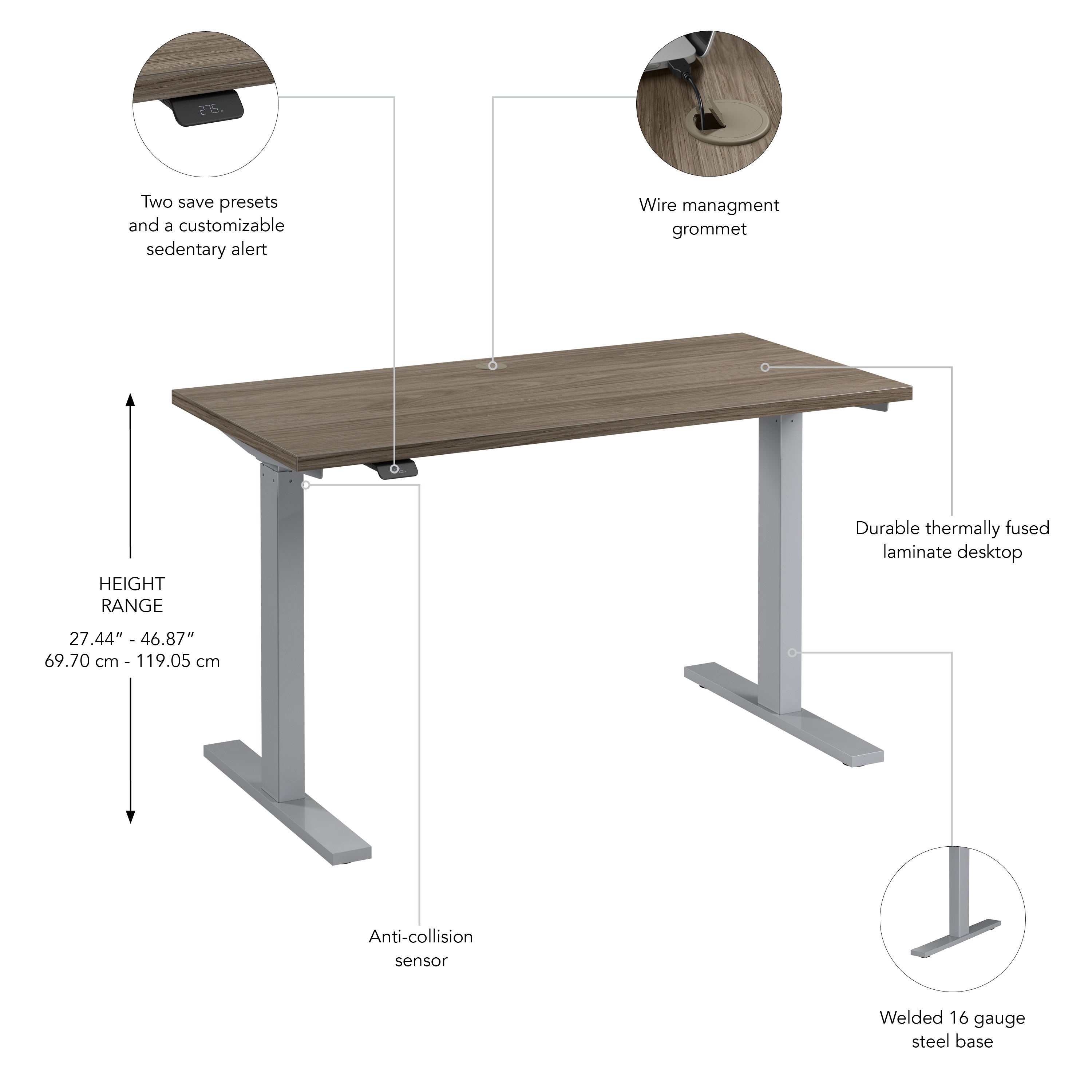 Bush Business Furniture Move 60 Series 48W x 24D Electric Height Adjustable Standing Desk in Modern Hickory with Metallic Gray Base - 47.6" Width x 23.62" Depth x 47.69" Height